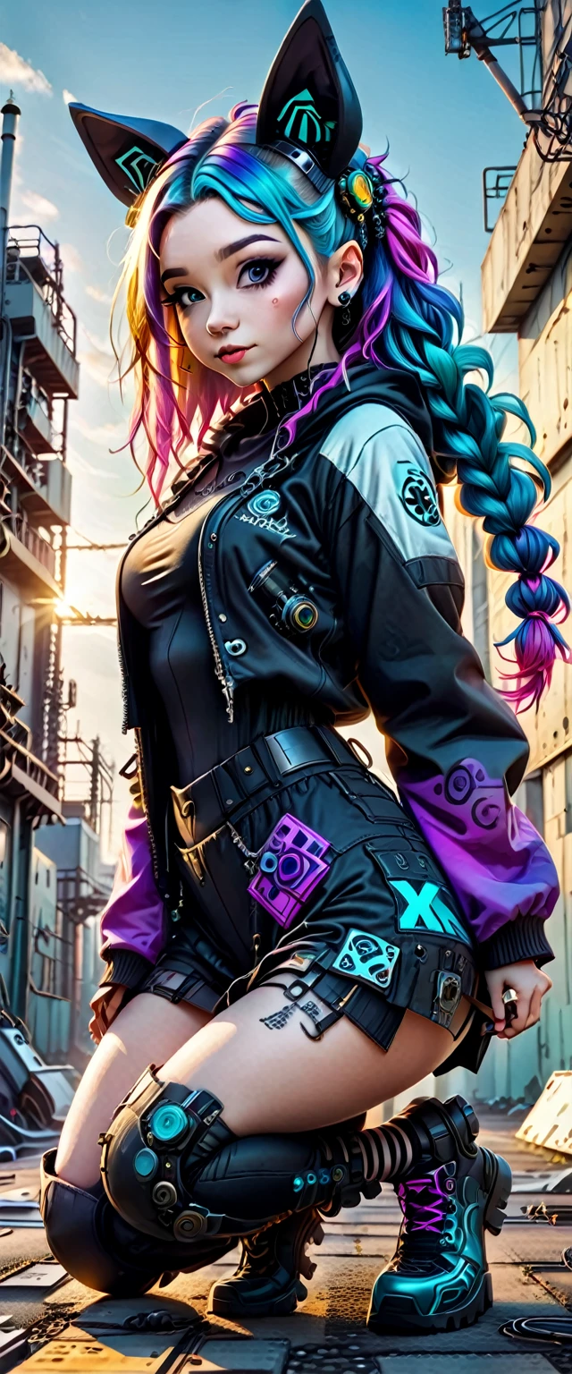 ((ultra wide angle x0.5:1.5, Bottom view of the camera, Pin on Cybergoth:1.5)), ((selfie:1.4, young beautiful woman crouching:1.3, Pin on Cybergoth, wearing Pin on Cybergoth clothes, various vibrant colors and decorations :1.3, dynamic pose)),((industrial landscape, stunning, 360 degree view: 1.5)), ((perfect: 1.3, meticulously detailed: 1.3, Flawless, High definition: 1.4, cinematic: 1.4) , ((Job Master )), (Hyper Detailed: 1.4), (Photorealistic: 1.4), epic, sunset: 1.4, 32k.