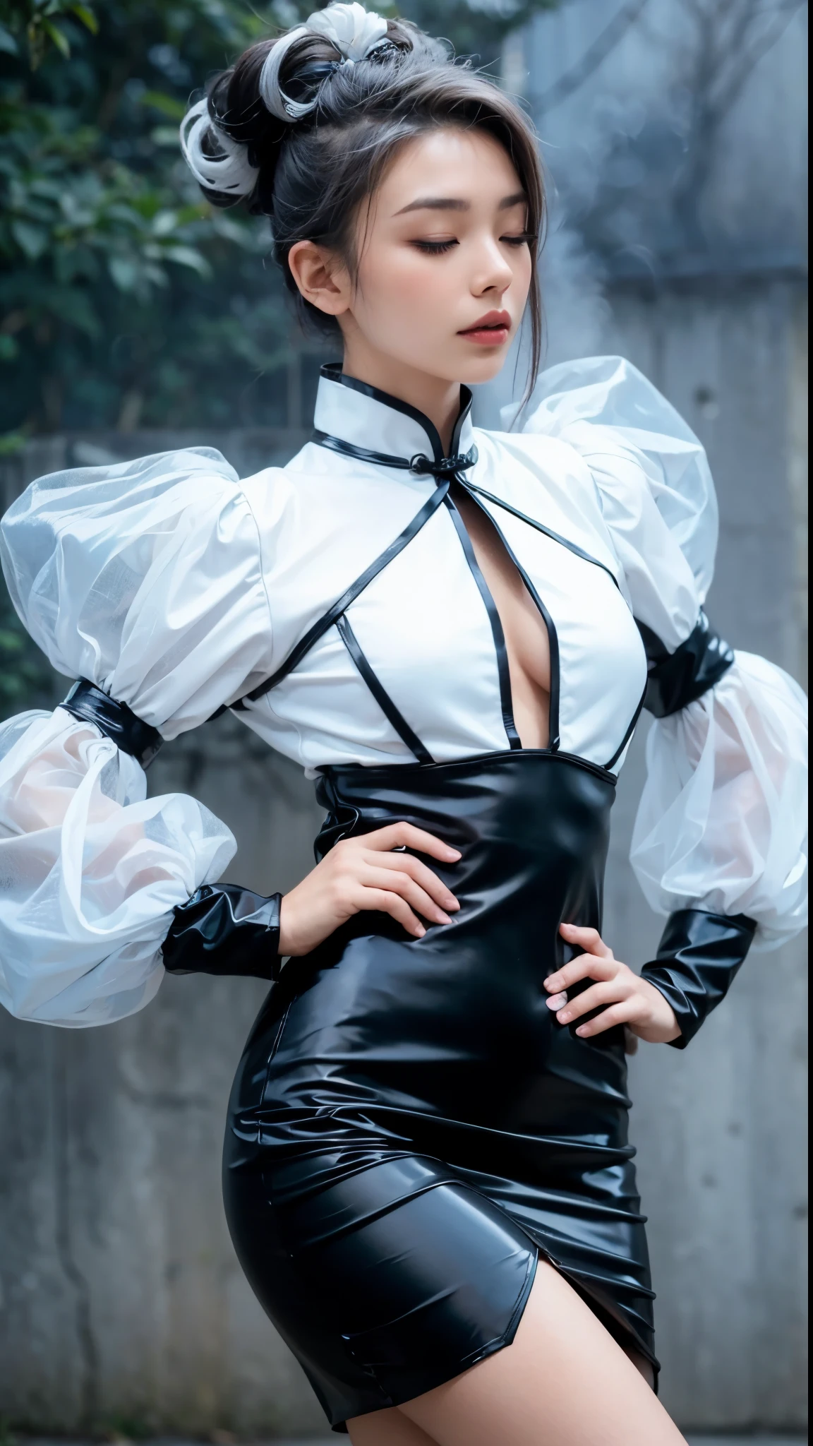 ultra detailed, beautiful best quality, _ BREAK Beautiful and cute perfect model, Tightened all body, medium Breasts, _ BREAK _ Perfect background, Fog, mist, _ BREAK (all body shot, standing and Abstract pose:1.8), BREAK (Cyber punk chinese dress, balloon Sleeves:1.3), (white theme:1.3), (mandarin collar:1.2), (intricate patchwork of latex and leather:1.2), (triangular silhouette skirt:1.2), gray hair, fog and mist Blurred background, Perfect and beautiful concrete background,(eyes closed:1.4),