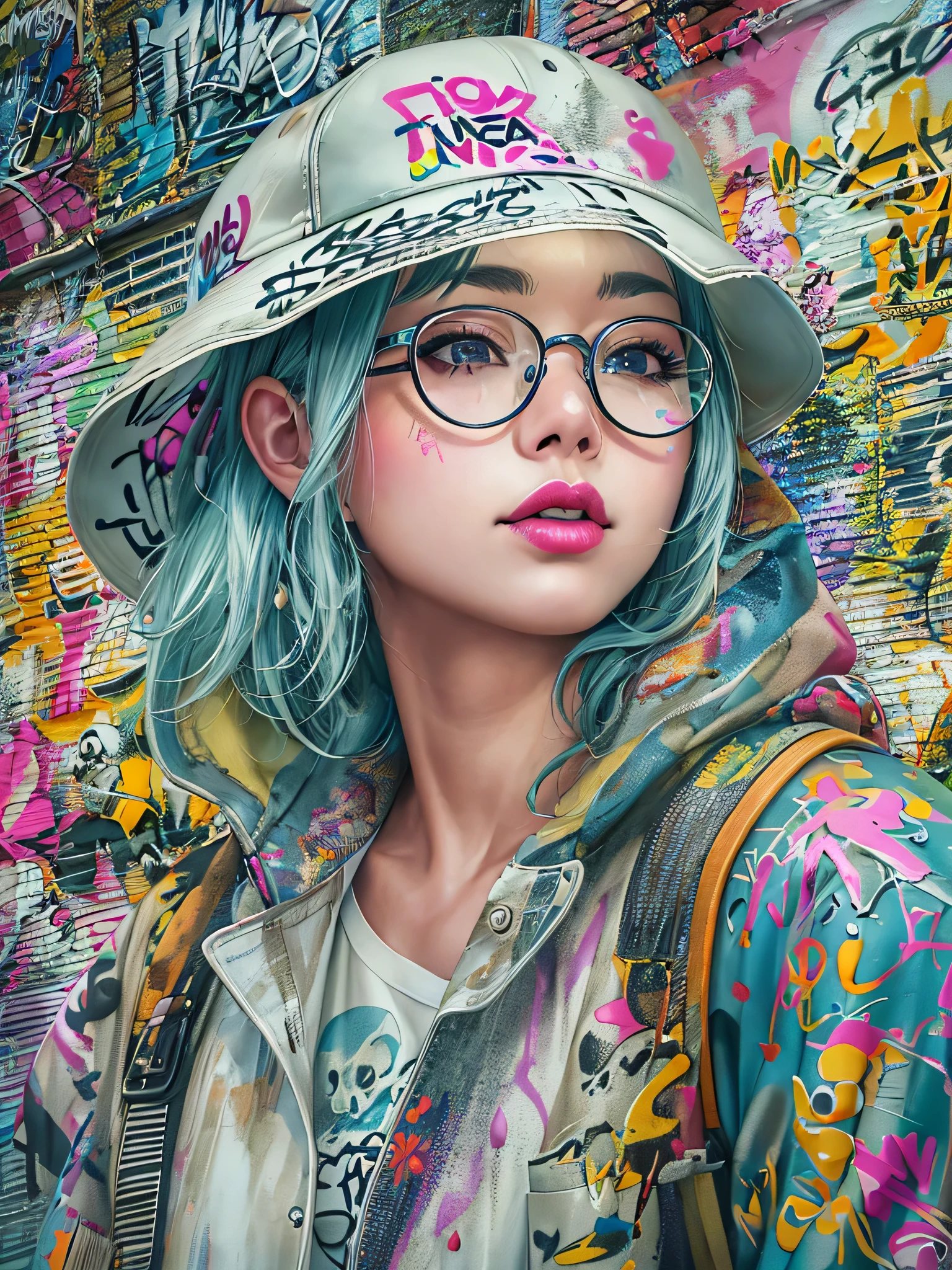 8K quality, watercolor painting, stylish design, (((The strongest beautiful girl of all time))), (((Japanese))、Idol、clear, stylish glasses, Fashionable hats, (((highest quality))), bob hair, lips in love, HDR, ((Detailed details)), (((skull fashion))), detailed clothing texture, (((graffiti art))), colorful hair, ((masterpiece))、((Super detailed))