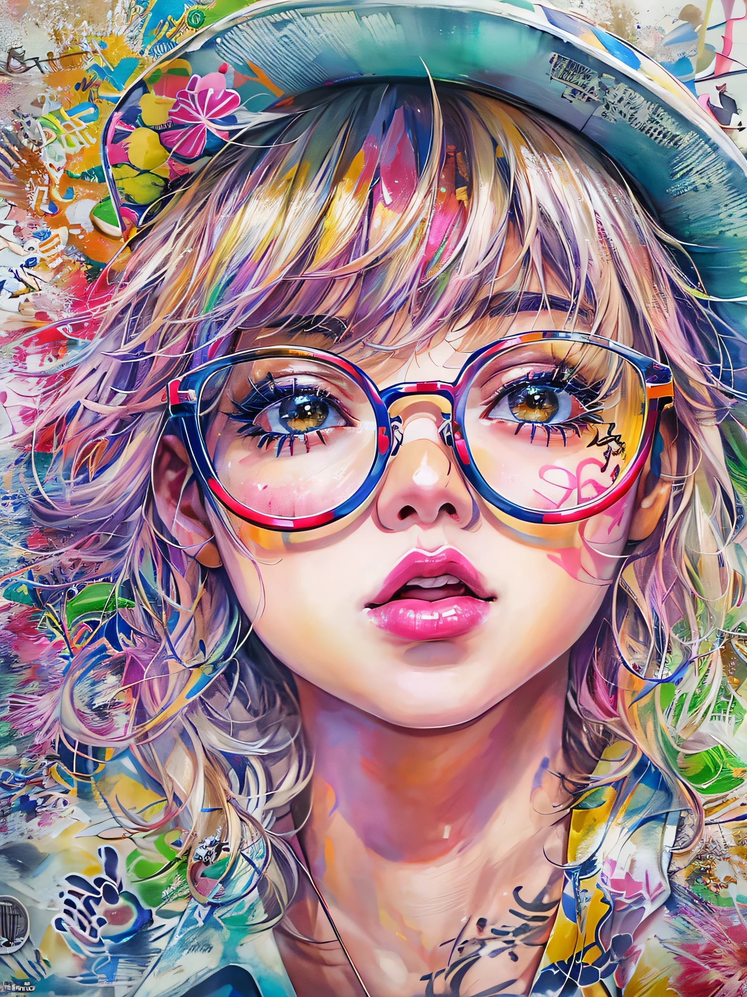 8K quality, watercolor painting, stylish design, (((The strongest beautiful girl of all time))), (((Japanese))、Idol、Yuriko Yoshitaka、clear, stylish glasses, Fashionable hats, (((highest quality))), bob hair, lips in love, HDR, ((Detailed details)), stylish fashion, detailed clothing texture, (((graffiti art))), colorful hair, ((masterpiece))、((Super detailed))、colorful flowers