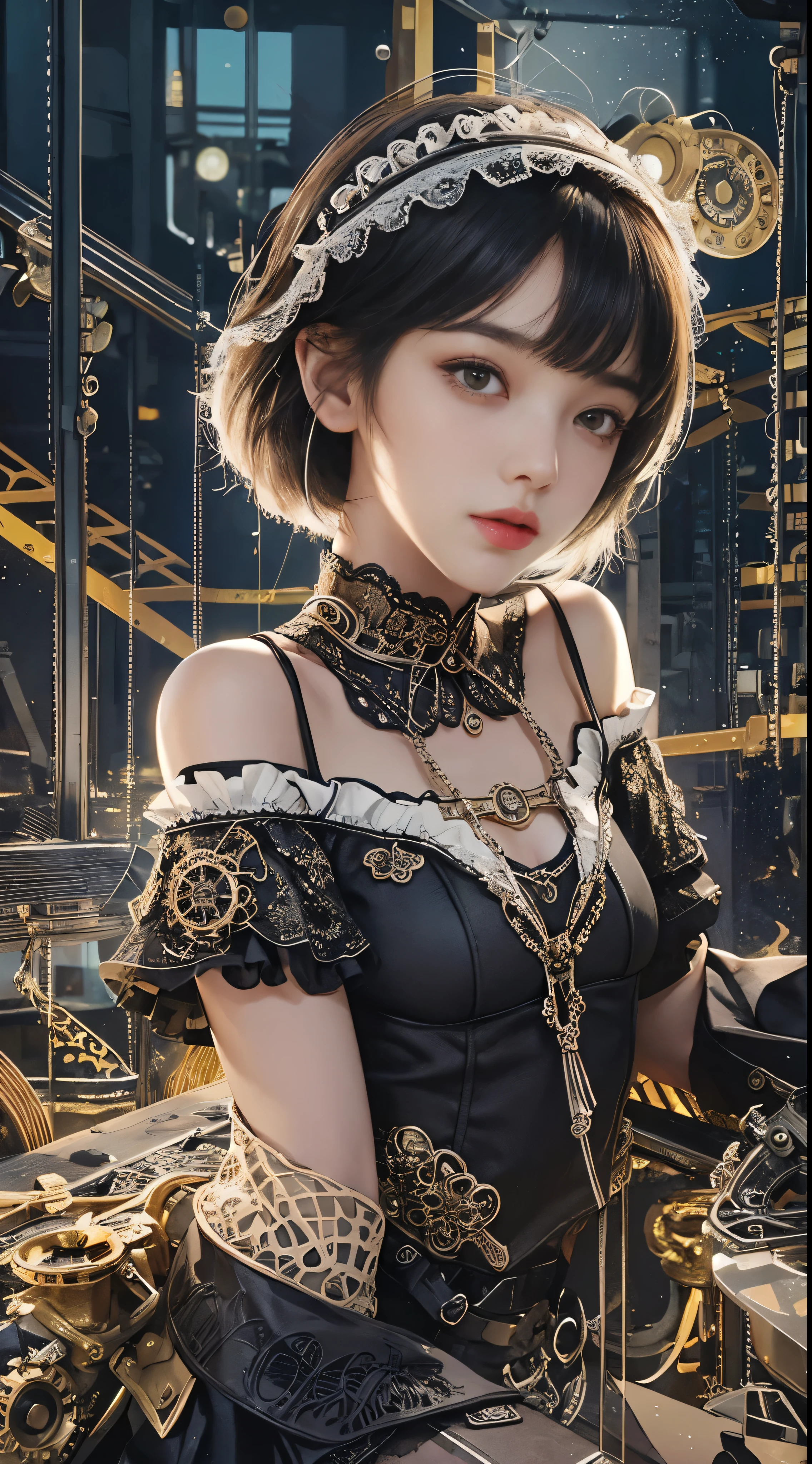 (((masterpiece, highest quality, Super detailed))), 1 female, (((very thin body))) , (((length, thin legs))), (((black short bob, thick fluffy bangs ))), (((highly detailed face))), No cosmetics, small and thin nose, thin mouth with small lips, (((Very sharp focused eyes))), Precise pale gray eyes with large slits, shine like a jewel, length eyelashes, ((Highly decorative intricate mechanical steampunk fashion, Lace Flare Mini Skirt, above the knee lace stockings, Lace Off Shoulder ta Fashion, Overly decorative fashion)), Abandoned Night, Complex mechanized steampunk factory catches fire and explodes, (((Overall accuracy has been dramatically improved, creating a Super detailed and realistic image))), super realistic photos, (((steampunk gun)))