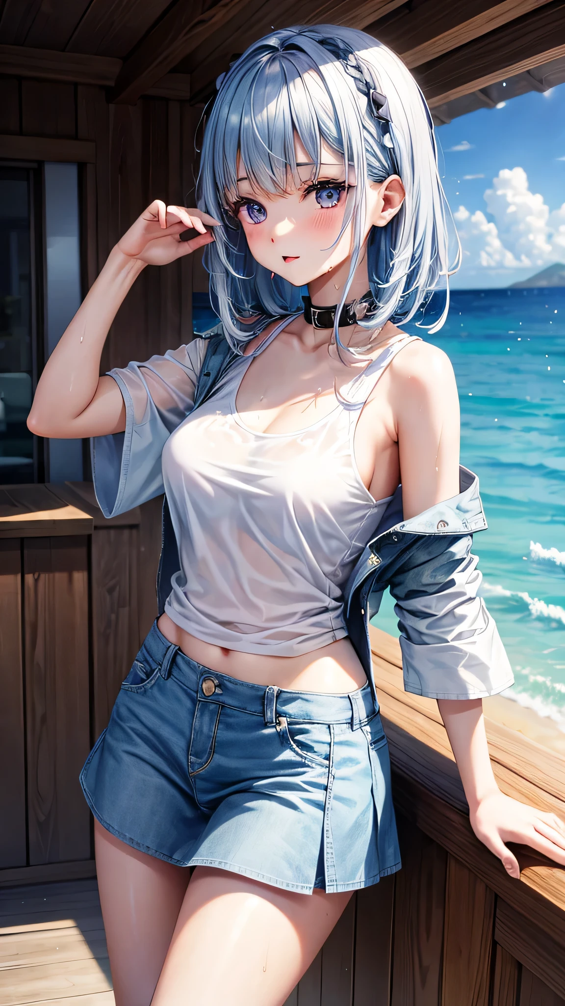 very cute  girl、(wet white t-shirt、wet miniskirt、wet hair、The whole body is wet)、Ocean、silver blue colored hair、purple eyes、white skin、beautiful skin、big breasts、