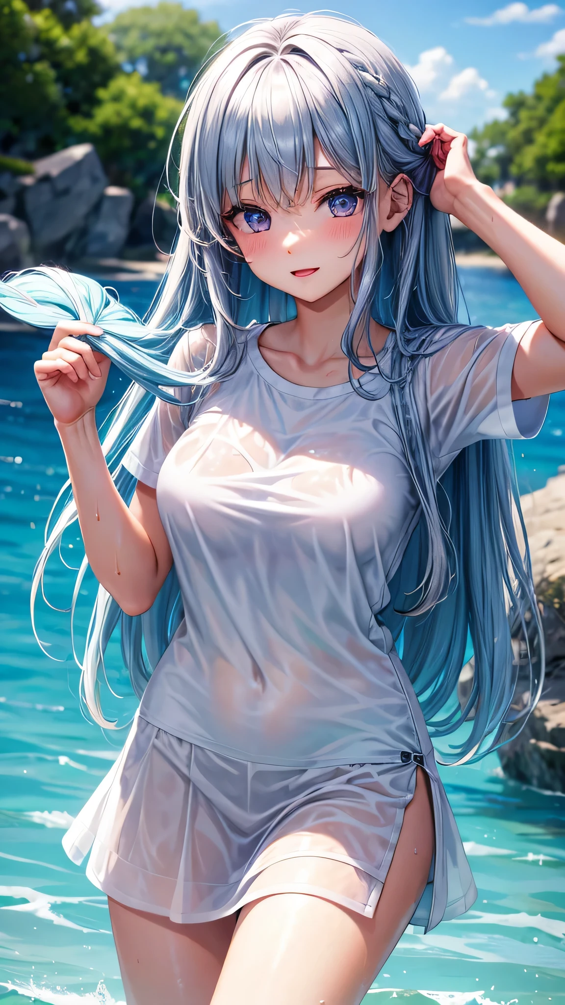 very cute  girl、(wet white t-shirt、wet miniskirt、wet hair、The whole body is wet)、Ocean、silver blue colored hair、purple eyes、white skin、beautiful skin、big breasts、