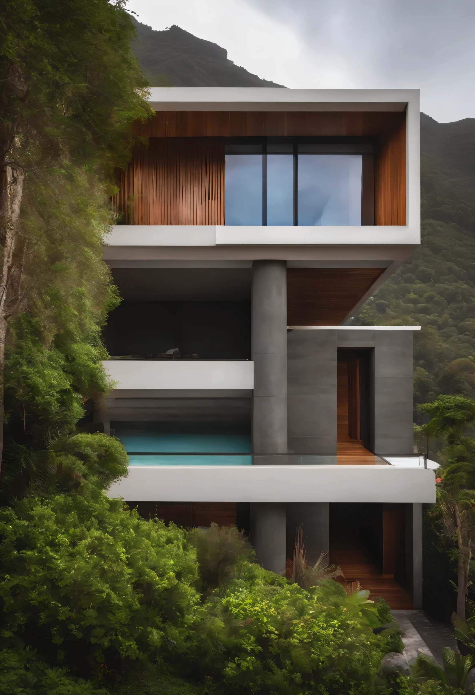 Fachada residencial, concreto , madeira e pedra moledo