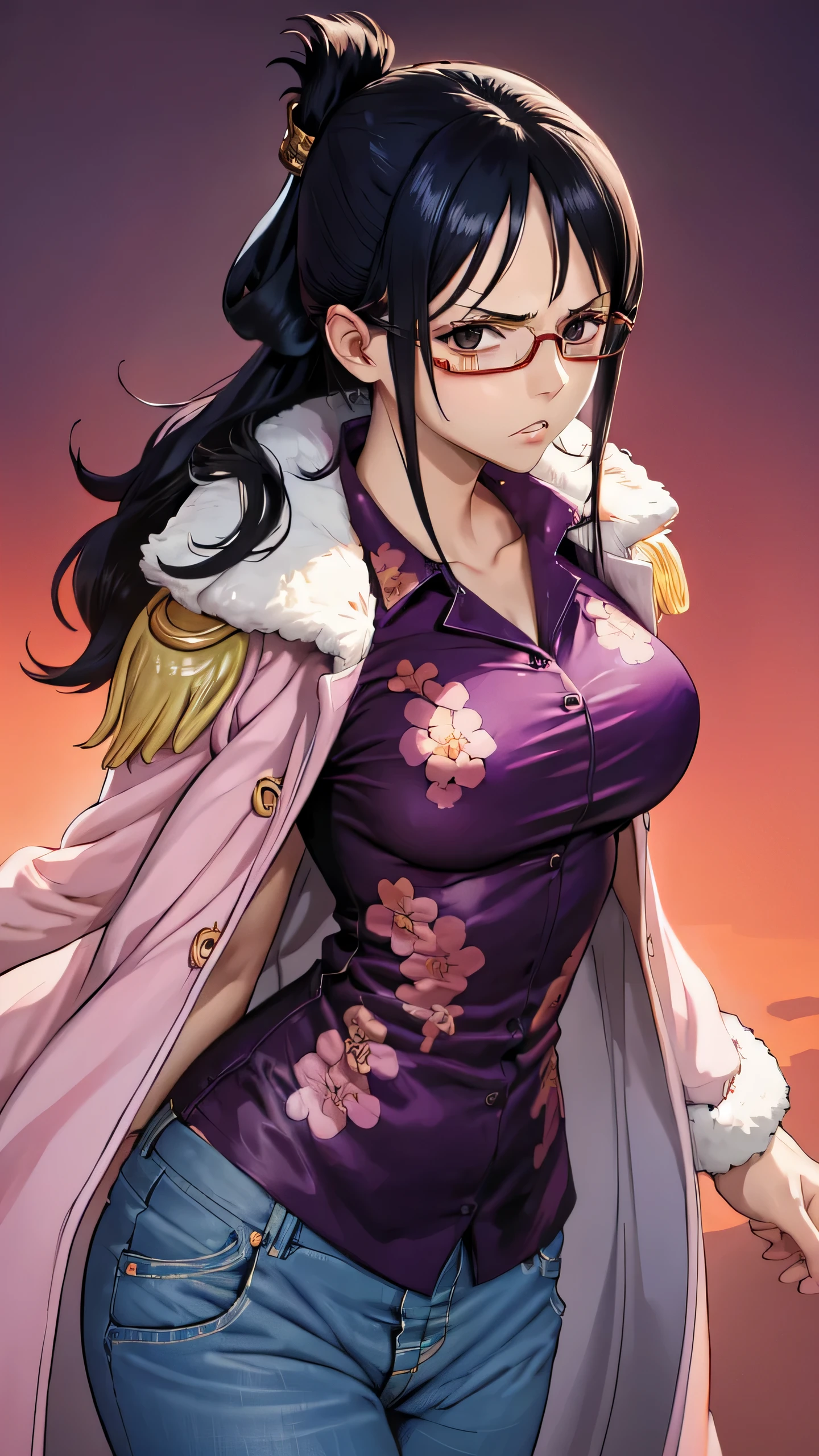 masterpiece, best quality, tashigi, black eyes, folded ponytail, eyewear , coat on shoulders, purple shirt, blue pants, cowboy shot, looking at viewer, hands at sides, large breasts, from above, serious, village