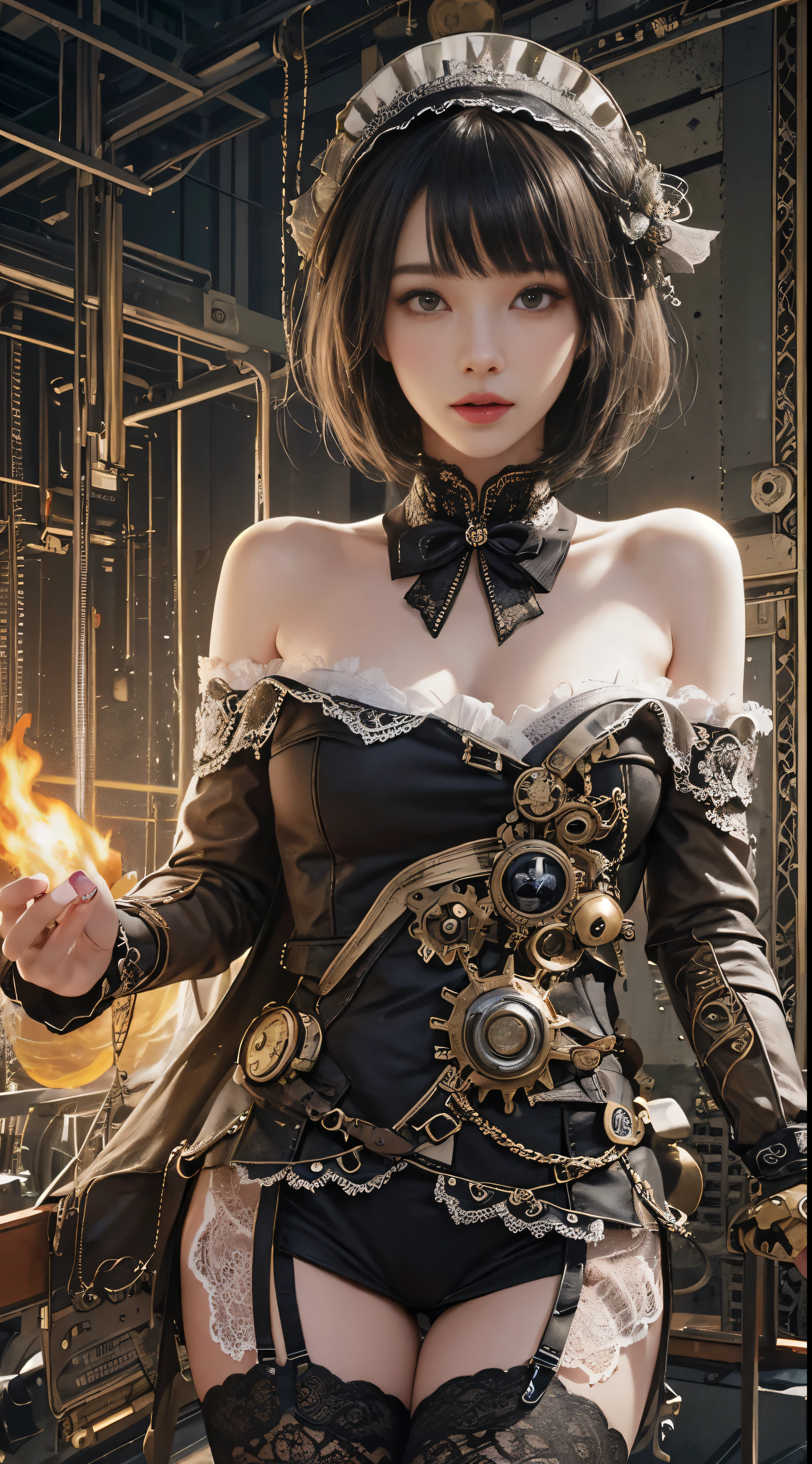(((masterpiece, highest quality, Super detailed))), 1 female, (((very thin body))) , (((length, thin legs))), (((black short bob, thick fluffy bangs ))), (((highly detailed face))), No cosmetics, small and thin nose, thin mouth with small lips, (((Very sharp focused eyes))), Precise pale gray eyes with large slits, shine like a jewel, length eyelashes, ((Highly decorative intricate mechanical steampunk fashion, Lace Flare Mini Skirt, above the knee lace stockings, Lace Off Shoulder Lolita Fashion, Overly decorative fashion)), Abandoned Night, Complex mechanized steampunk factory catches fire and explodes, (((Overall accuracy has been dramatically improved, creating a Super detailed and realistic image))), super realistic photos, (((steampunk gun)))
