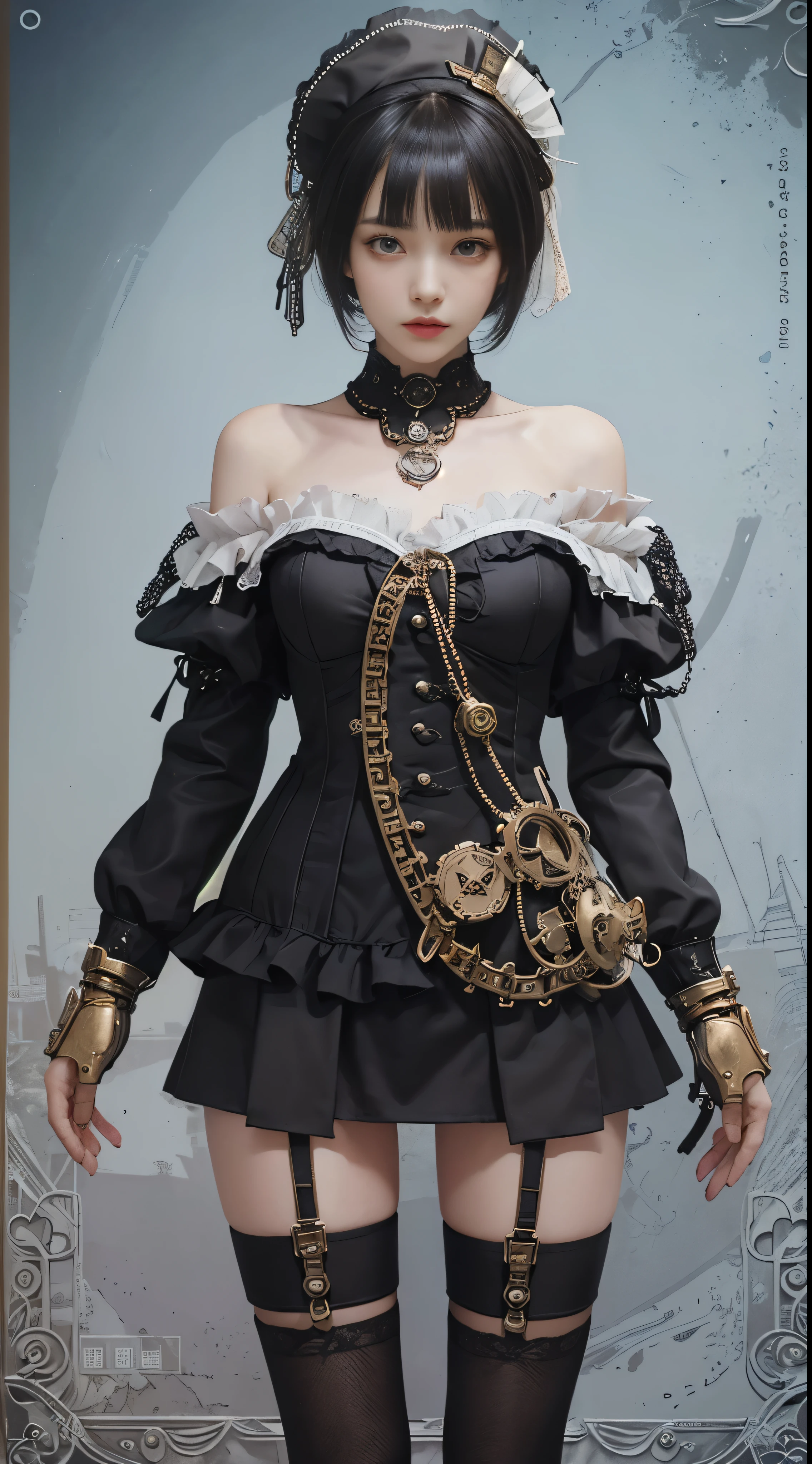 (((masterpiece, highest quality, Super detailed))), 1 female, (((very thin body))) , (((length, thin legs))), (((black short bob, thick fluffy bangs ))), (((highly detailed face))), No cosmetics, small and thin nose, thin mouth with small lips, (((Very sharp focused eyes))), Precise pale gray eyes with large slits, shine like a jewel, length eyelashes, ((Highly decorative intricate mechanical steampunk fashion, Lace Flare Mini Skirt, above the knee lace stockings, Lace Off Shoulder Lolita Fashion, Overly decorative fashion)), Abandoned Night, Complex mechanized steampunk factory catches fire and explodes, (((Overall accuracy has been dramatically improved, creating a Super detailed and realistic image))), super realistic photos, (((steampunk gun)))