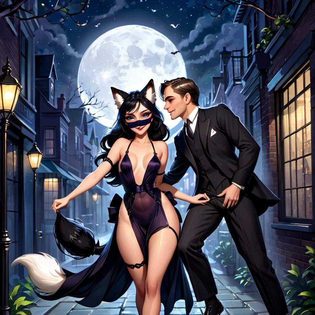 (best quality,ultra-detailed,realistic:1.37),mystical black fox sneaking,transforming into lovely temptress,enticing young men,nighttime encounters,1920's New York City,captivating seduction,forbidden desires,secretive rendezvous,dark desires unleashed,mesmerizing spell,ensnaring minds and bodies,ensuring secrecy in the shadows,intimate moments under moonlight,stealing their seed,erotic encounters,embodying temptation,unleashing passion,oh so alluring,tempting fate,eyes filled with mischief,mysterious allure,hypnotic charm,mischievous grin,dark seduction,hint of danger,dark secrets revealed,unveiling forbidden pleasures,masked fantasies,nighttime trysts,untamed desires,irresistible enchantment,carnal acts,Gatsby-like era ambiance,smoky speakeasies,prohibition-era intrigue,secretive atmosphere,charismatic fox in human form,ensnared in fox's spell,irresistible pull,desire awakens,erotic transformation,lingering scent of passion,indulging in lust,guilty pleasures,enthralling encounters,ravishing beauty,tangled in the fox's web,all-consuming desire,ensnaring hearts,1920's charm with a dark twist,vulnerability and temptation intertwined