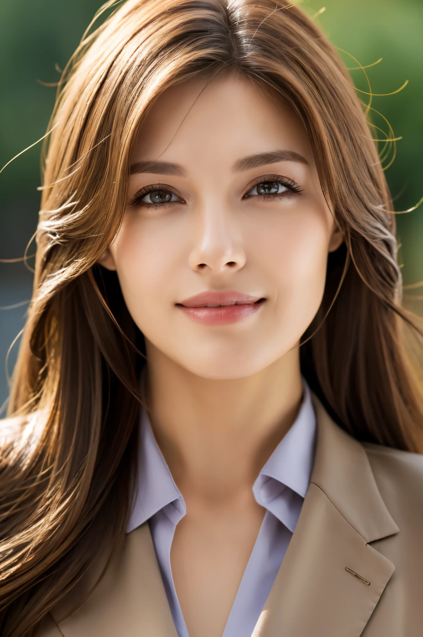 table top, highest quality, realistic, Super detailed, finely, High resolution, 8k wallpaper, 1 beautiful woman,, light brown messy hair, wearing a business suit, sharp focus, perfect dynamic composition, detailed and beautiful eyes, fine hair, Detailed and realistic skin texture, smile, close-up portrait, model body shape,full body description,