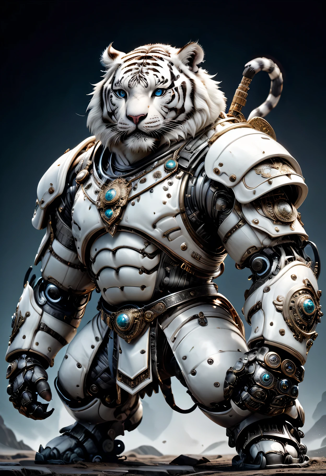 photorealistic portrait of Dressed animals - a ((fat)) white tiger warrior,(brave pose), high quality,(lovely) ,intricate detailed giant mechanical arms, highly detailed ((mechanical armor) ,,highly detailed decorations, , (brave), studio lighting,(full body image from head to toe:1.5)