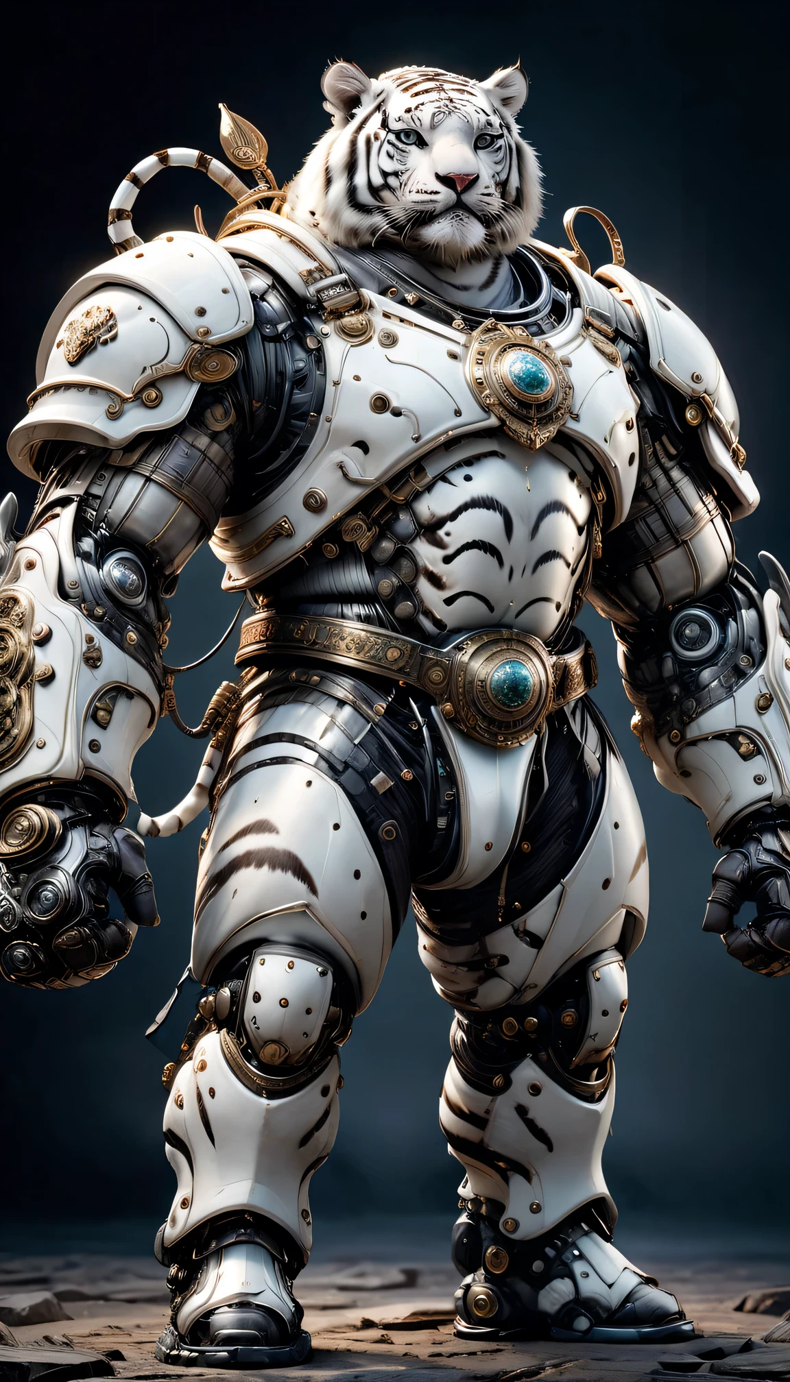 photorealistic portrait of Dressed animals - a ((fat)) white tiger warrior,(brave pose), high quality,(lovely) ,intricate detailed giant mechanical arms, highly detailed ((mechanical armor) ,,highly detailed decorations, , (brave), studio lighting,(full body image from head to toe:1.5)