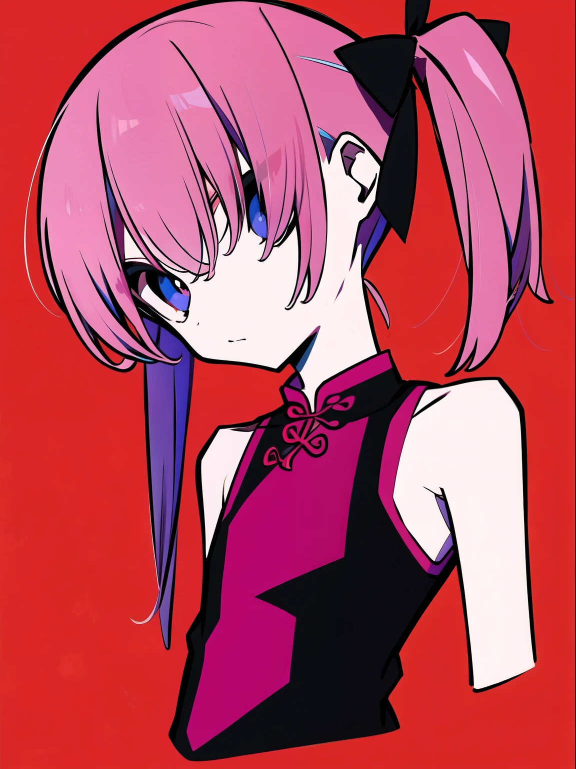 背景white、Background white、pink cheongsam、No sleeve、masterpiece, good quality, typography, 1 girl, Upper body, ピンク色のNo sleeveのチャイナ服, flat color, (pop art, cyber-:0.5), simple background, (crooked, deformed:0.4)、pink hair、short ponytail、black shorts
