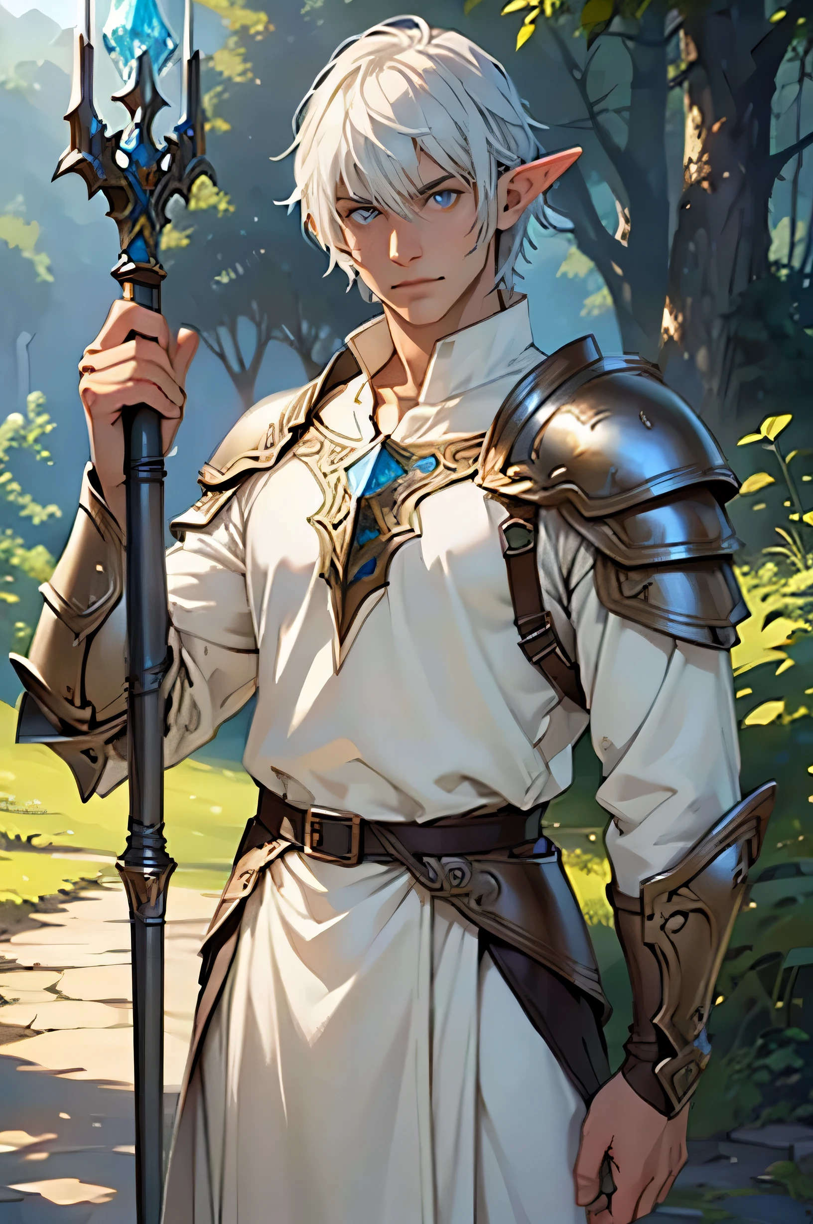 (best quality, ultra detailed, realistic: 1.37), male elf druid, adult face, short white hair, blue eyes, medium armor, staff in right hand, nature background, vibrant colors, soft lightin