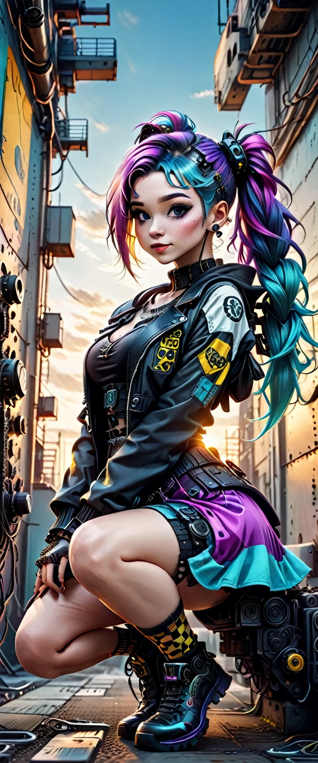 ((ultra wide angle x0.5:1.5, Bottom view of the camera, Pin on Cybergoth:1.5)), ((selfie:1.4, young beautiful woman crouching:1.3, Pin on Cybergoth, wearing Pin on Cybergoth clothes, various vibrant colors and decorations :1.3, dynamic pose)),((industrial landscape, stunning, 360 degree view: 1.5)), ((perfect: 1.3, meticulously detailed: 1.3, Flawless, High definition: 1.4, cinematic: 1.4) , ((Job Master )), (Hyper Detailed: 1.4), (Photorealistic: 1.4), epic, sunset: 1.4, 32k.