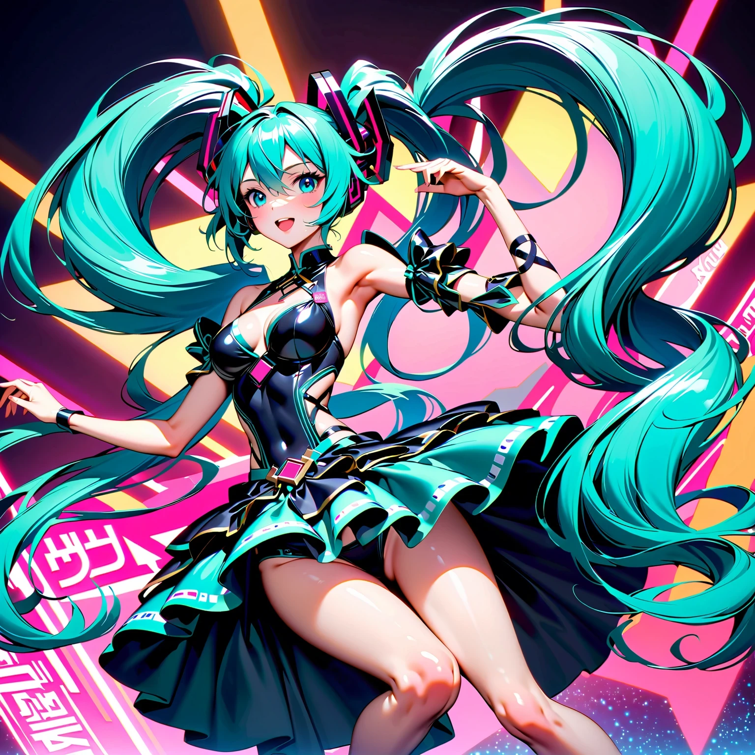 A high-quality, detailed portrait photograph featuring Hatsune Miku, the virtual idol, under vibrant neon lights with a futuristic design. Capture her dynamic dance moves and music beats, infused with a technological vibe and interactive engagement. Incorporate elements of fan culture and Japanese pop culture, along with traditional Chinese fantasy and anime styles, showcasing intricate patterns and elegant costumes. Aim for a visually stunning composition that tells a story and reflects the artistic trends of contemporary photography. Enhance the colors and textures to bring Hatsune Miku to life, maintaining a realistic and authentic look