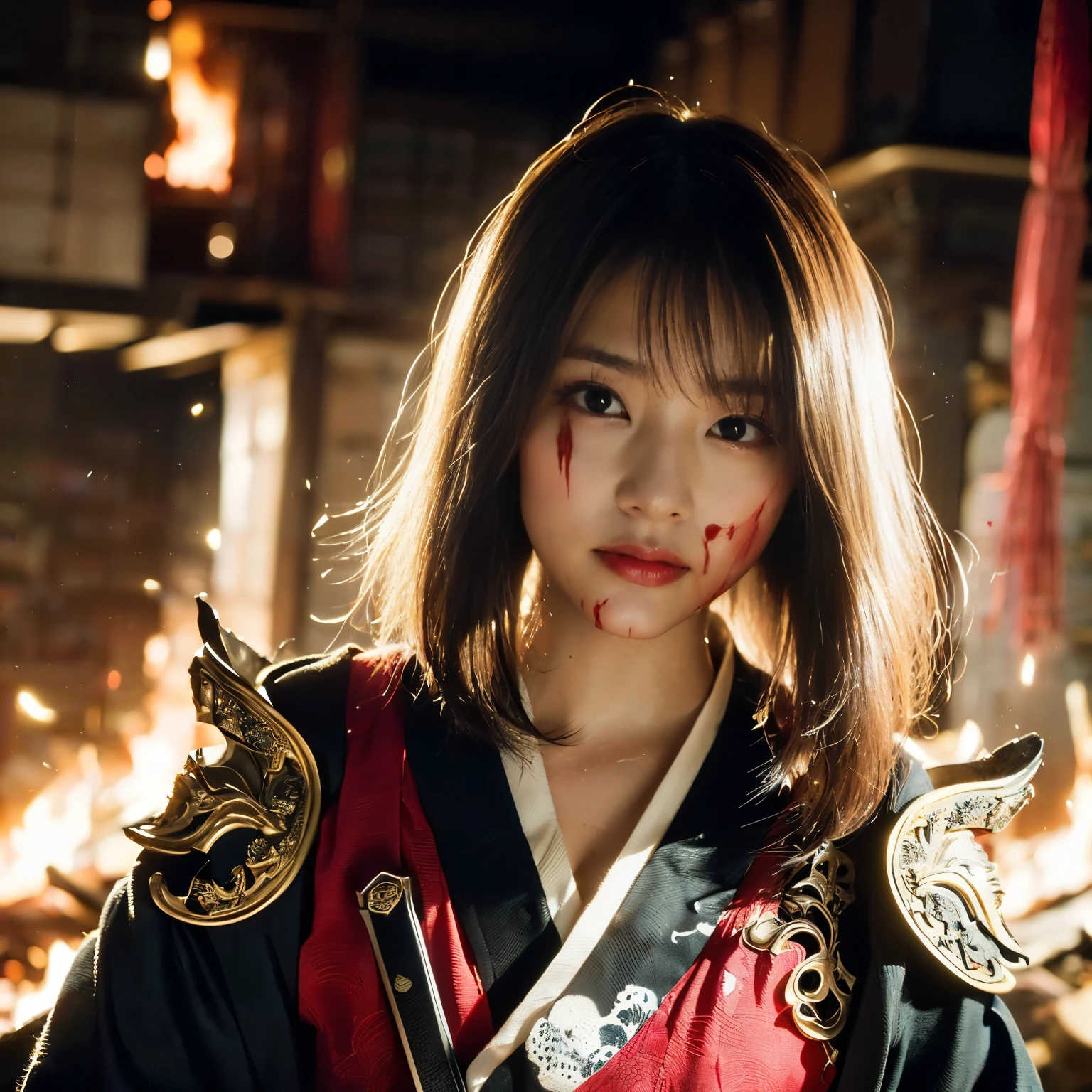 (((Realistic, masterpiece, best quality, crisp detail, high definition, high detail, rich detail, sharp focus, colorful, perfect studio lightning))), 20 years old assassin,((( in the middle of a war, kasumi arimura, severely wounded, attack stance, swinging katana))), wearing (((fully decorated golden armor, armored kimono, blood scattered face, blood tears, blood bath, blood shed))), (((fire everywhere, blood everywhere, death everywhere, japan bakumatsu period, dead bodies,carcass,burned japanese castle,hellish,chaos)) traditional village background)