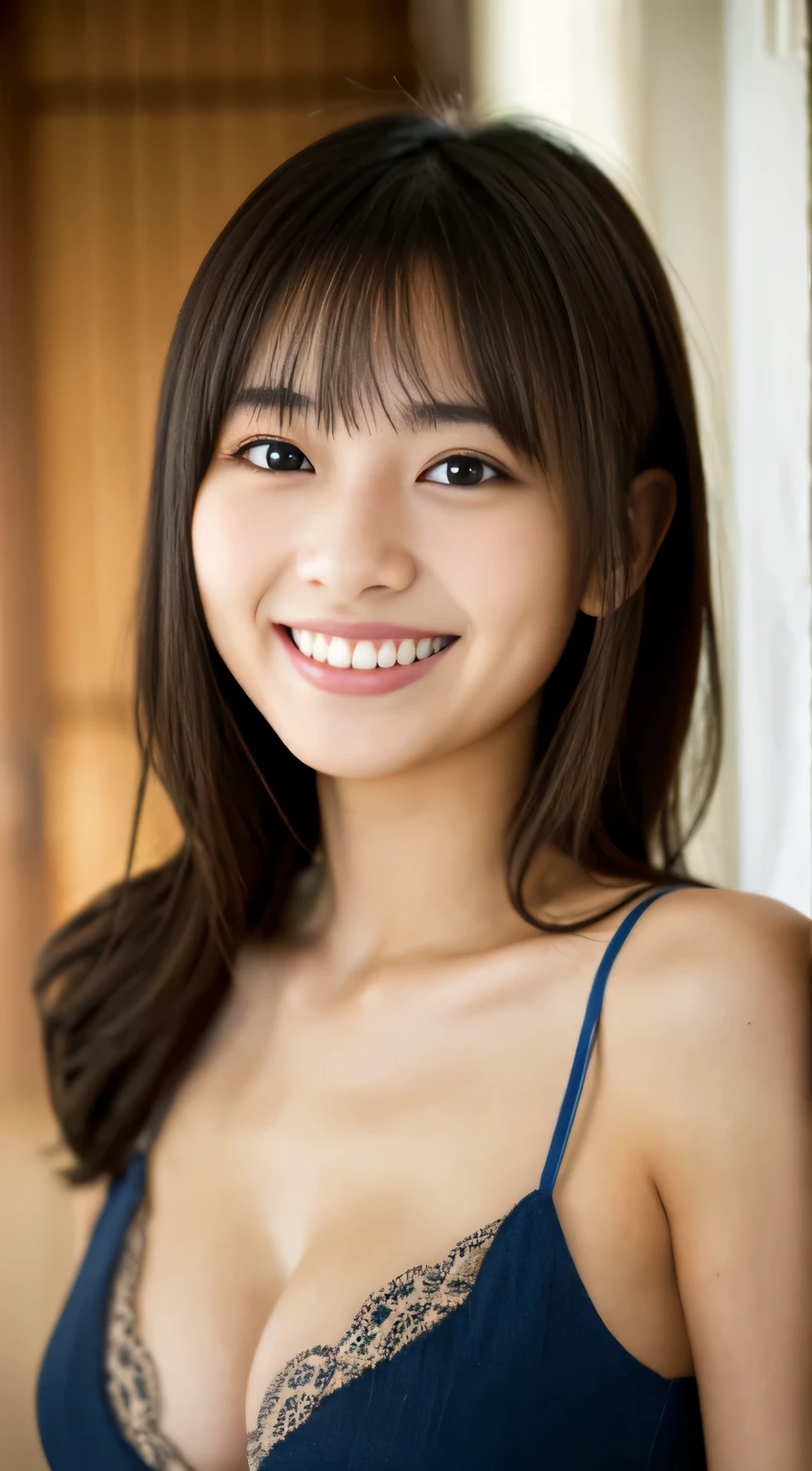 masterpiece,best quality,(Japanese ),((Beautiful girl)),cleavage,indoor,(perfect body beauty:1.2),(shy smile),beautiful teeth,