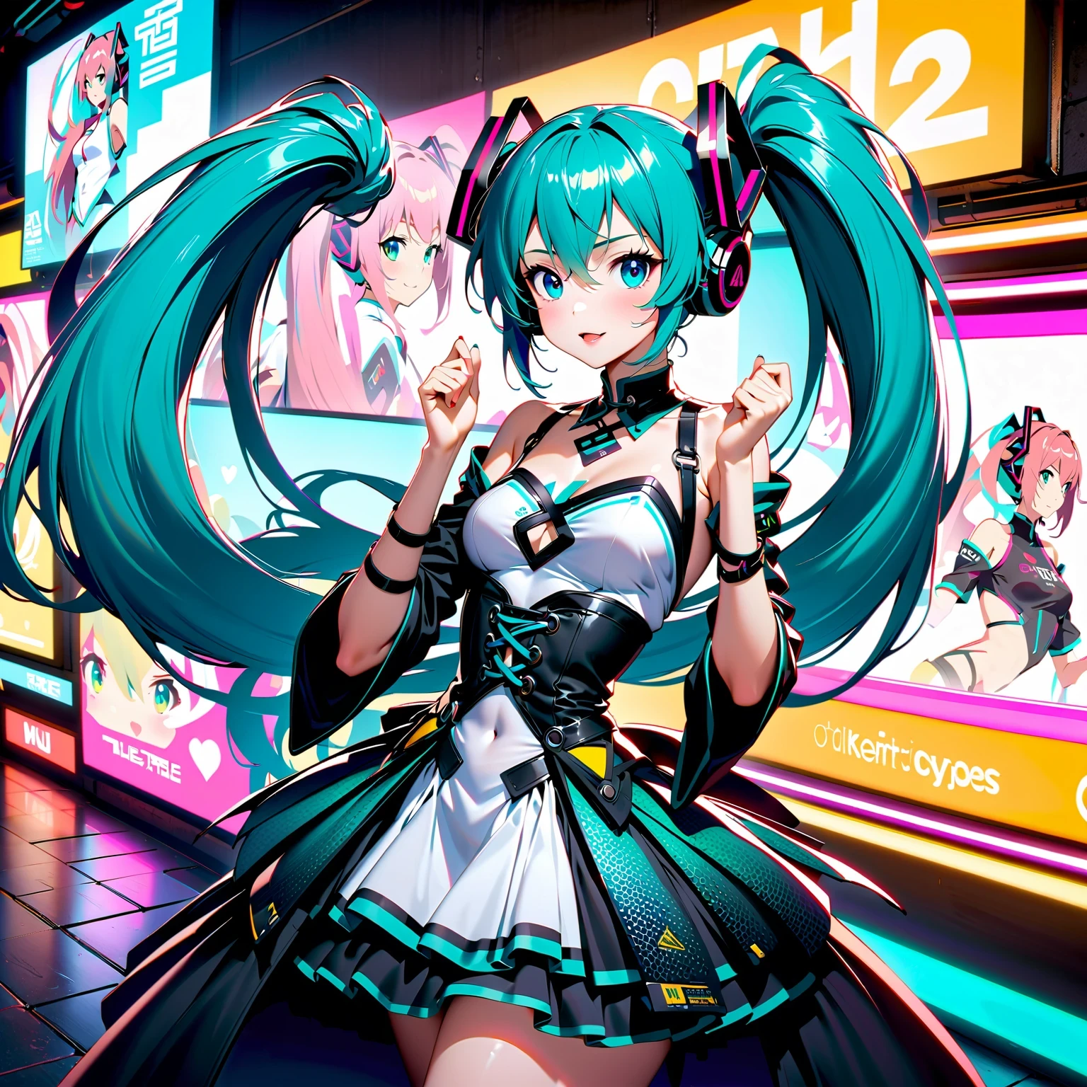 A high-quality, detailed portrait photograph featuring Hatsune Miku, the virtual idol, under vibrant neon lights with a futuristic design. Capture her dynamic dance moves and music beats, infused with a technological vibe and interactive engagement. Incorporate elements of fan culture and Japanese pop culture, along with traditional Chinese fantasy and anime styles, showcasing intricate patterns and elegant costumes. Aim for a visually stunning composition that tells a story and reflects the artistic trends of contemporary photography. Enhance the colors and textures to bring Hatsune Miku to life, maintaining a realistic and authentic look