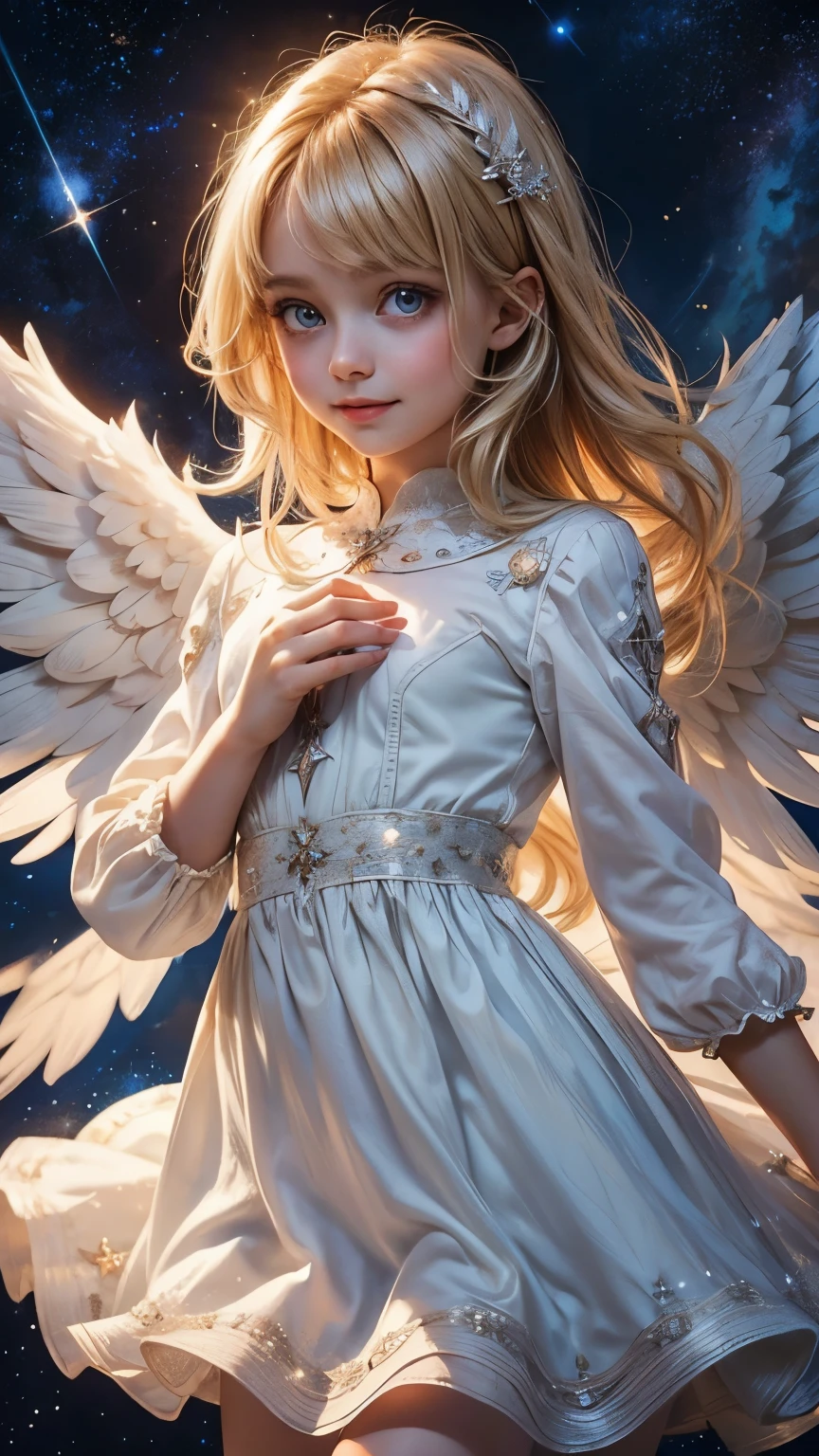 from front, looking straight at viewer, from above:1.2, toddler angel, gentle smile, big eyes, blonde, A neat dress with sleeves that hide the chest, Angel wings on the back, A cosmic background with many sparkling stars, Prayer-like pose, photorealistic