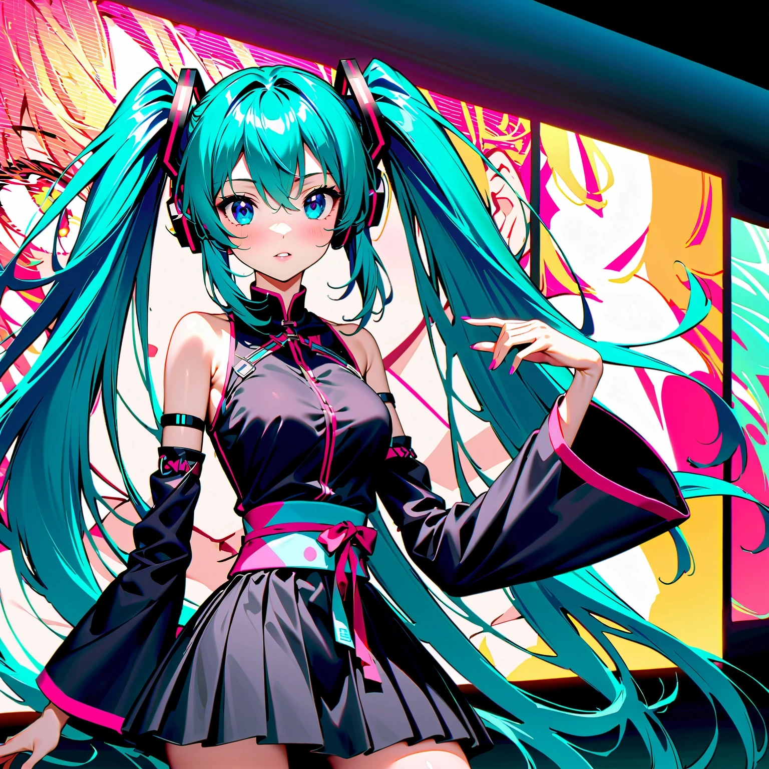 A high-quality, detailed portrait photograph featuring Hatsune Miku, the virtual idol, under vibrant neon lights with a futuristic design. Capture her dynamic dance moves and music beats, infused with a technological vibe and interactive engagement. Incorporate elements of fan culture and Japanese pop culture, along with traditional Chinese fantasy and anime styles, showcasing intricate patterns and elegant costumes. Aim for a visually stunning composition that tells a story and reflects the artistic trends of contemporary photography. Enhance the colors and textures to bring Hatsune Miku to life, maintaining a realistic and authentic look