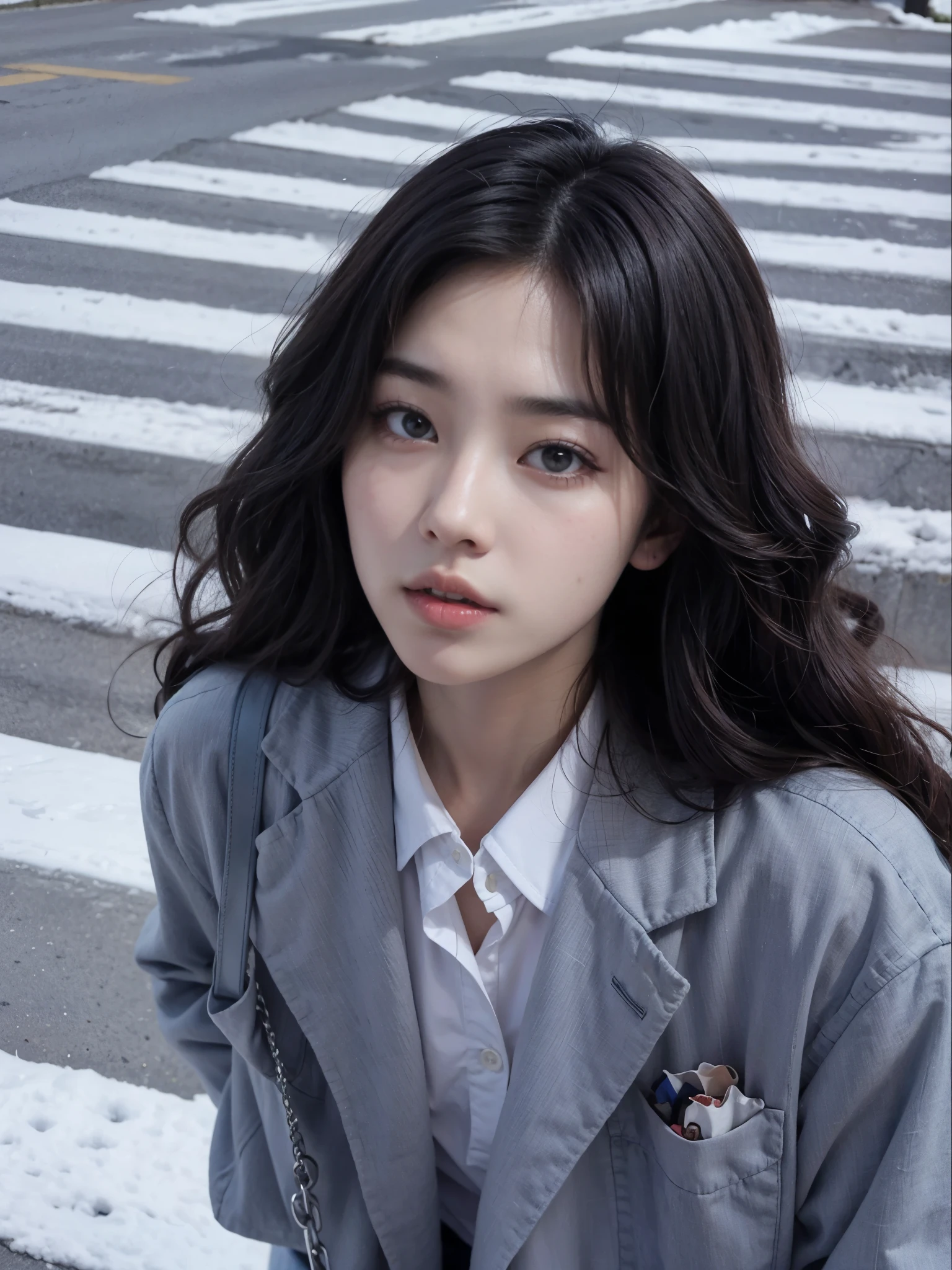 There's a woman on the street with a bag, Ulzzang, Jinyoung Shin, jaeyeon nam, coreana, penteado com corte hime branco, adorable and pale korean face, com rosto redondo, inspirado em Ma Yuanyu, bae suzy, young lovely korean face, 🤤 retrato de , Sakimichan, linda mulher sul-coreana