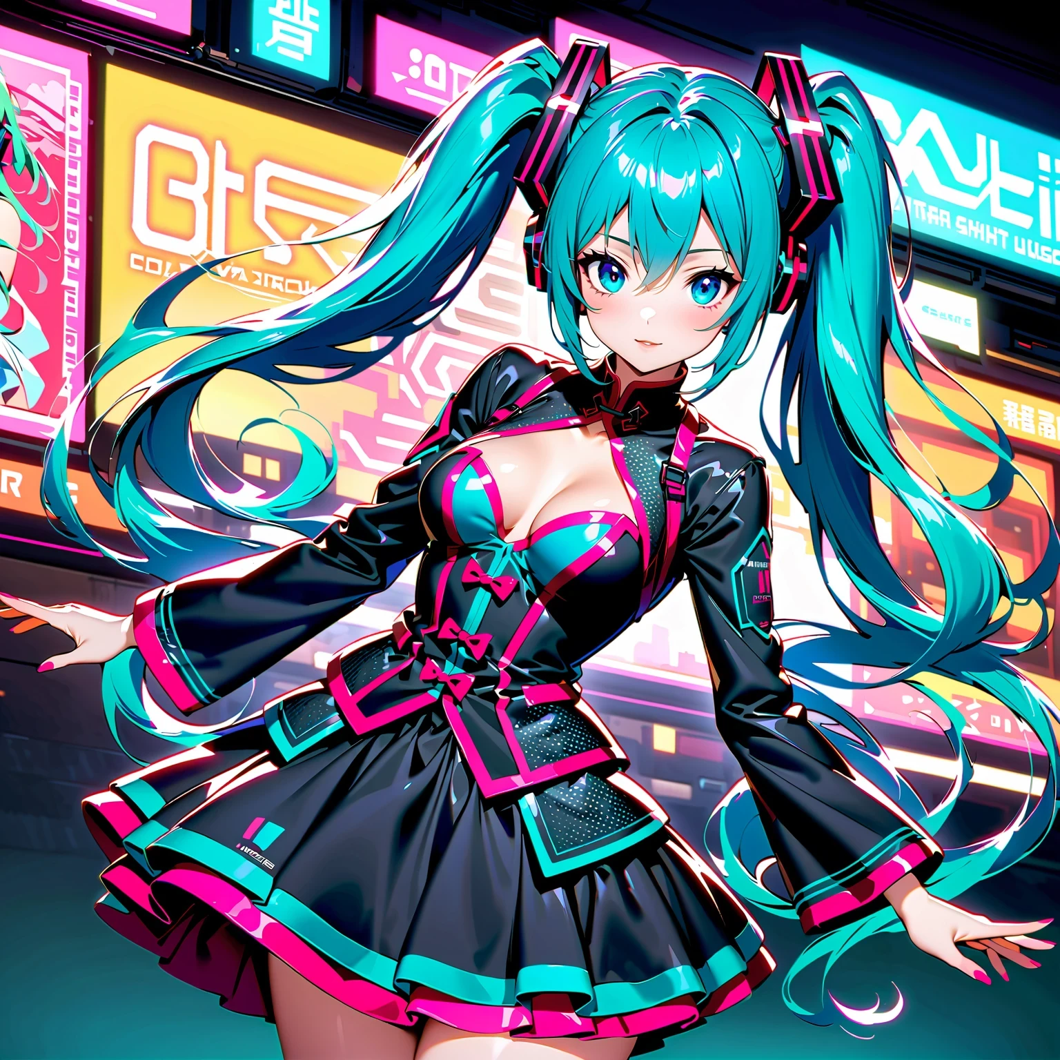 A high-quality, detailed portrait photograph featuring Hatsune Miku, the virtual idol, under vibrant neon lights with a futuristic design. Capture her dynamic dance moves and music beats, infused with a technological vibe and interactive engagement. Incorporate elements of fan culture and Japanese pop culture, along with traditional Chinese fantasy and anime styles, showcasing intricate patterns and elegant costumes. Aim for a visually stunning composition that tells a story and reflects the artistic trends of contemporary photography. Enhance the colors and textures to bring Hatsune Miku to life, maintaining a realistic and authentic look