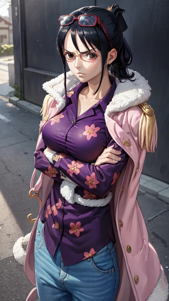 masterpiece, best quality, tashigi, black eyes, folded ponytail, eyewear on head, coat on shoulders, purple shirt, blue pants, cowboy shot, looking at viewer, crossed arms, large breasts, from above, serious, village 