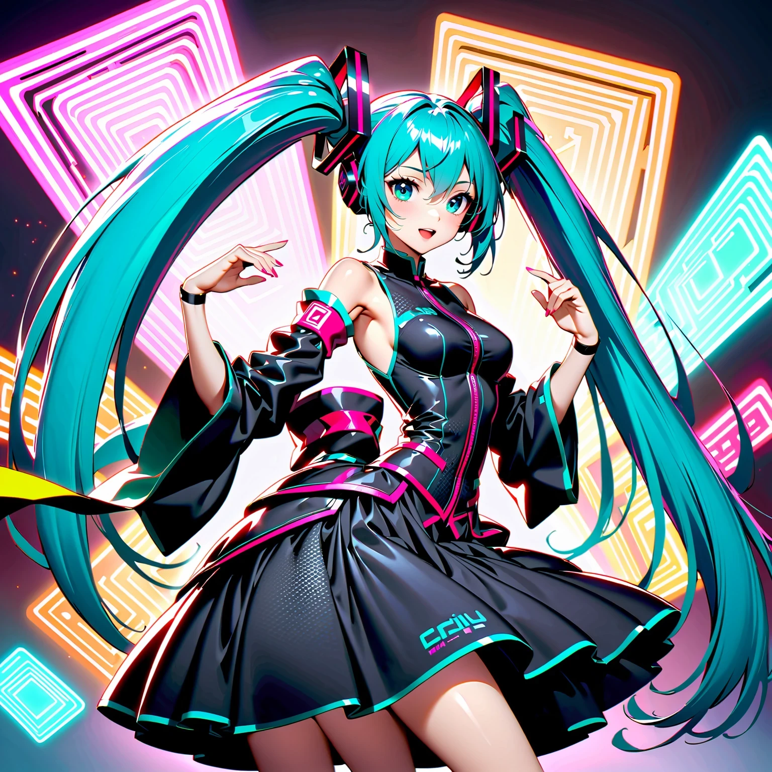 A high-quality, detailed portrait photograph featuring Hatsune Miku, the virtual idol, under vibrant neon lights with a futuristic design. Capture her dynamic dance moves and music beats, infused with a technological vibe and interactive engagement. Incorporate elements of fan culture and Japanese pop culture, along with traditional Chinese fantasy and anime styles, showcasing intricate patterns and elegant costumes. Aim for a visually stunning composition that tells a story and reflects the artistic trends of contemporary photography. Enhance the colors and textures to bring Hatsune Miku to life, maintaining a realistic and authentic look