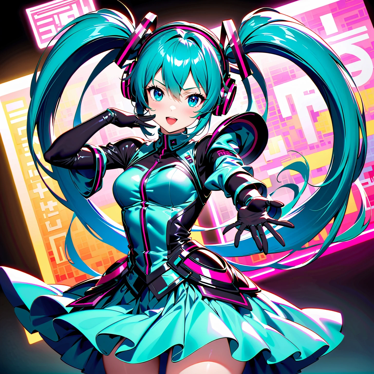 A high-quality, detailed portrait photograph featuring Hatsune Miku, the virtual idol, under vibrant neon lights with a futuristic design. Capture her dynamic dance moves and music beats, infused with a technological vibe and interactive engagement. Incorporate elements of fan culture and Japanese pop culture, along with traditional Chinese fantasy and anime styles, showcasing intricate patterns and elegant costumes. Aim for a visually stunning composition that tells a story and reflects the artistic trends of contemporary photography. Enhance the colors and textures to bring Hatsune Miku to life, maintaining a realistic and authentic look