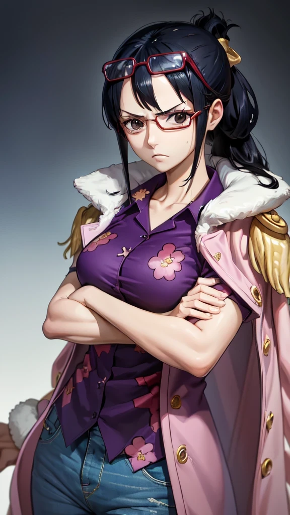 masterpiece, best quality, tashigi, black eyes, folded ponytail, eyewear on head, coat on shoulders, purple shirt, blue pants, cowboy shot, looking at viewer, crossed arms, large breasts, from above, serious, village 