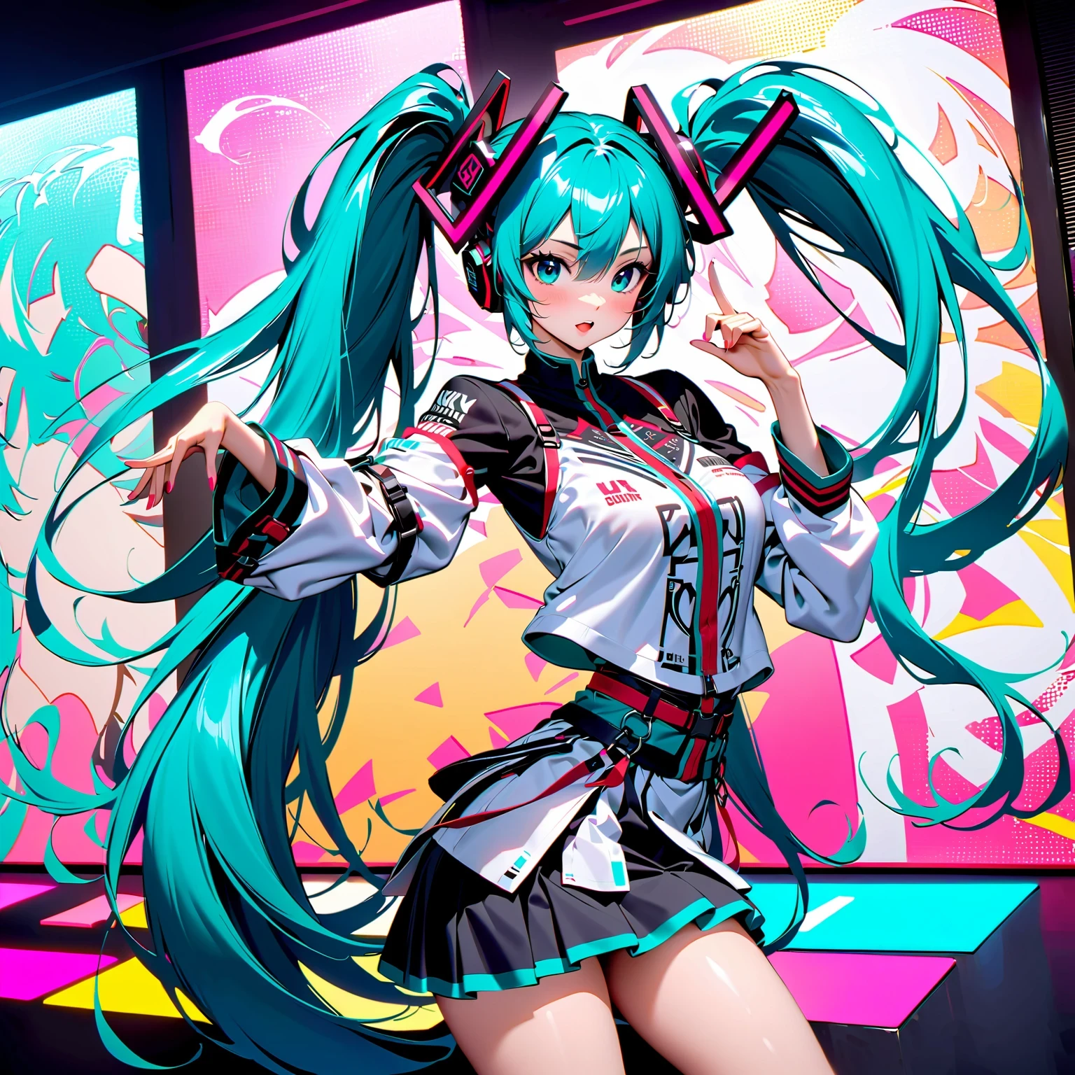 A high-quality, detailed portrait photograph featuring Hatsune Miku, the virtual idol, under vibrant neon lights with a futuristic design. Capture her dynamic dance moves and music beats, infused with a technological vibe and interactive engagement. Incorporate elements of fan culture and Japanese pop culture, along with traditional Chinese fantasy and anime styles, showcasing intricate patterns and elegant costumes. Aim for a visually stunning composition that tells a story and reflects the artistic trends of contemporary photography. Enhance the colors and textures to bring Hatsune Miku to life, maintaining a realistic and authentic look