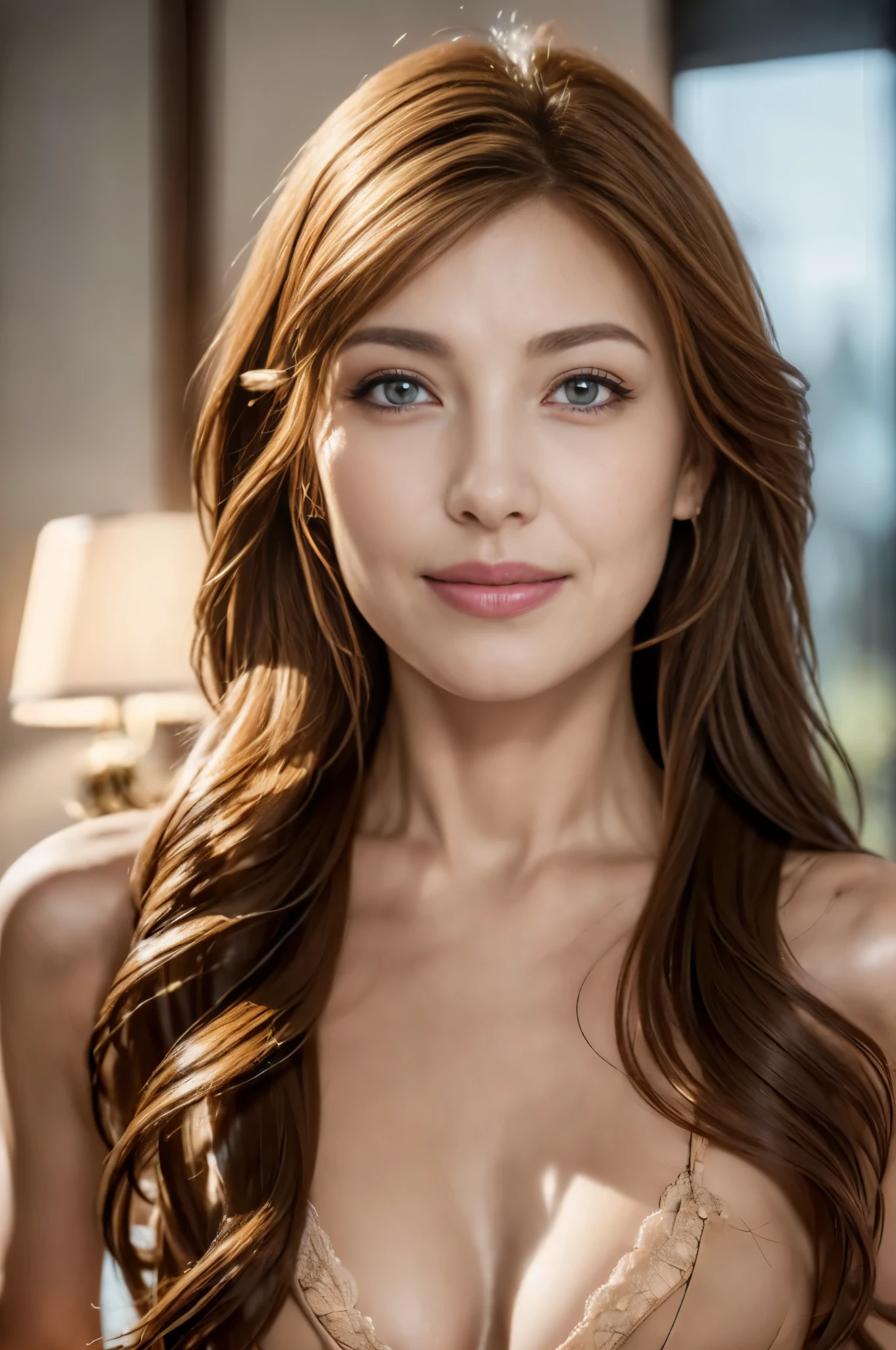 table top, highest quality, realistic, Super detailed, finely, High resolution, 8k wallpaper, 1 beautiful woman,, light brown messy hair, wearing a business suit, sharp focus, perfect dynamic composition, detailed and beautiful eyes, fine hair, Detailed and realistic skin texture, smile, close-up portrait, model body shape,full body description,