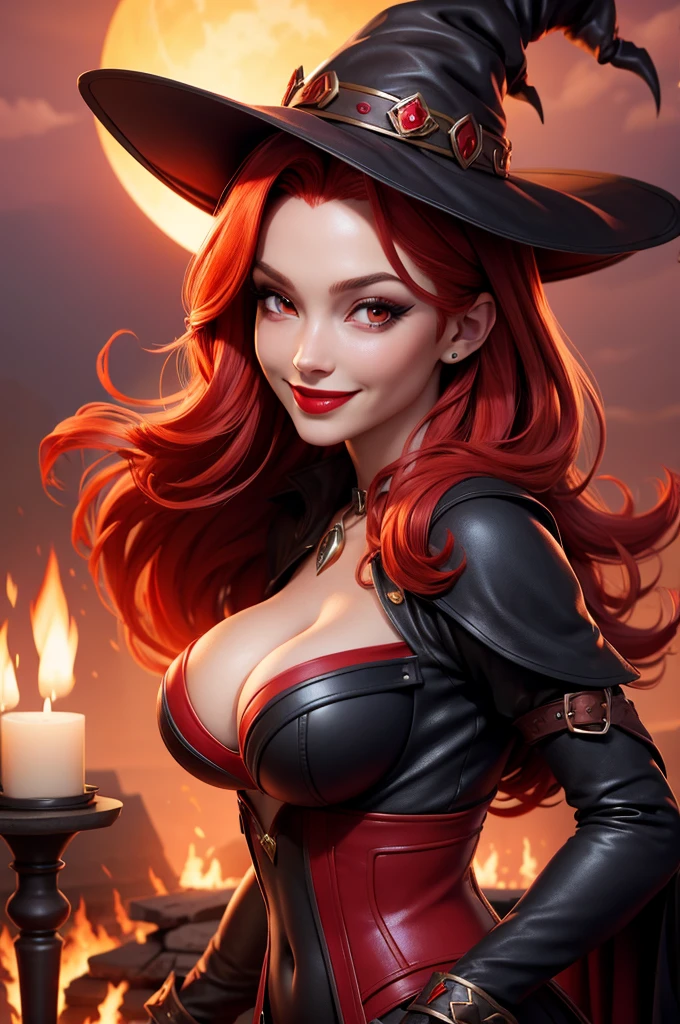 sunset dark castle, circled by fire, witch, perfect face, red hair, big , red underwear sexy, thight fit, pretty smile, red lipstick, cleavage