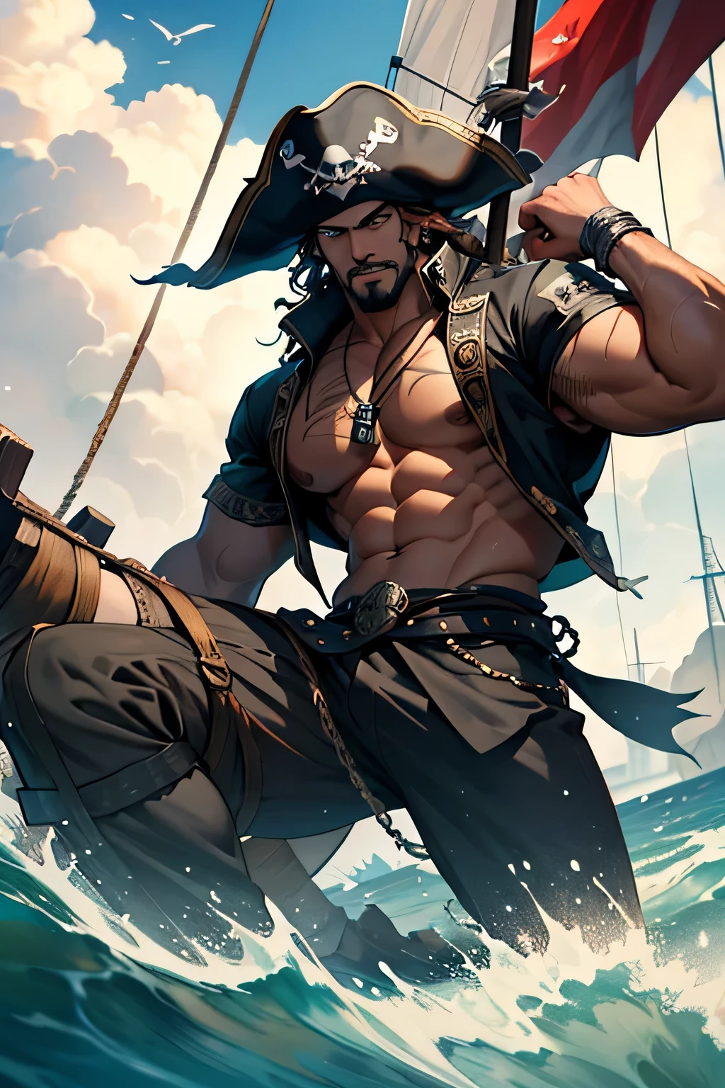 Describe an imposing and muscular pirate who is known for his strength and ferocity. He sports a huge skull hat adorned with sinister details that highlight his piercing eyes. Its most notable feature is the steel anchor it carries on its back, as a symbol of their determination and connection to the sea. Suas tatuagens marinhas, that tell stories of past adventures and battles, are visible on his heavily muscled arms. He is feared and respected by the entire crew, and his presence is the embodiment of the essence of pirate life. Descreva-o em detalhes, incluindo sua vestimenta, his scars and the look in his eyes that reveals his relentless search for lost treasures and thrilling adventures. His deep creole colored skin and curly hair establish him as a notable man.