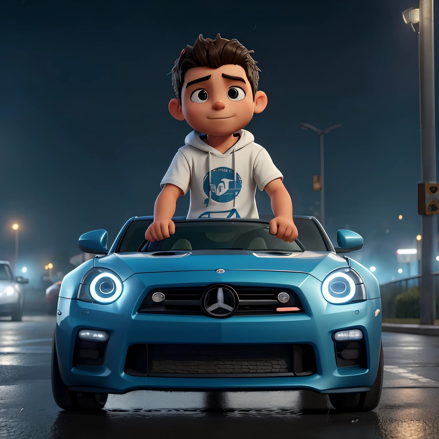 Describe la escena de un joven con capucha., vistiendo una sudadera negra y jeans, parado en la acera en una noche lluviosa. He is looking at a shiny GTR R35 car passing by on the road.., Your admiration visible in your eyes.. La luz de los faros se refleja en los charcos de agua que te rodean., while the rain falls softly on him. El sonido del potente motor resuena en el aire., mixing with the sound of the rain. The remains motionless., capturado por la elegancia y la velocidad del coche, Dreaming of the day when you can be behind the wheel of such an impressive machine..