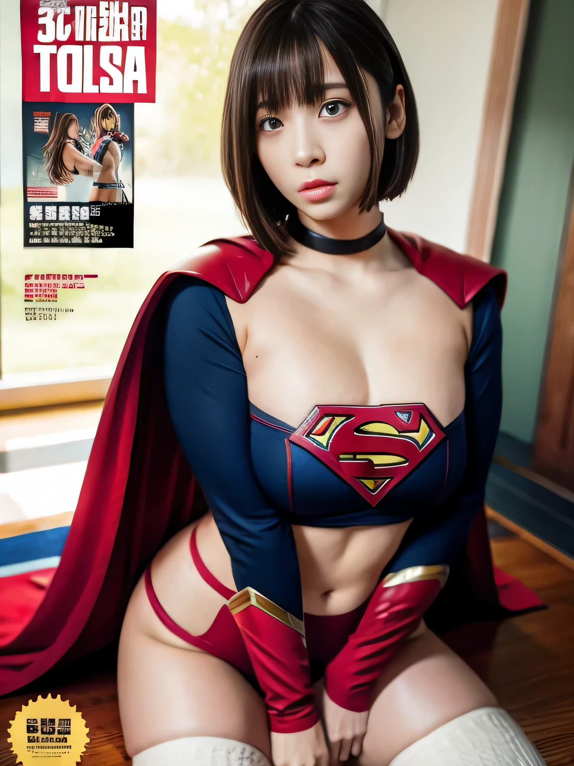 masterpiece、supergirl costume、short hair、enamel boots、big and full breasts、Fold your kneeodel body shape、shiny、long sleeve、looking at camera、choker、red mini skirt、Weekly magazine cover、gravure magazine、sweaty、whole body、from right in front、Crisis situation、heavy rain、