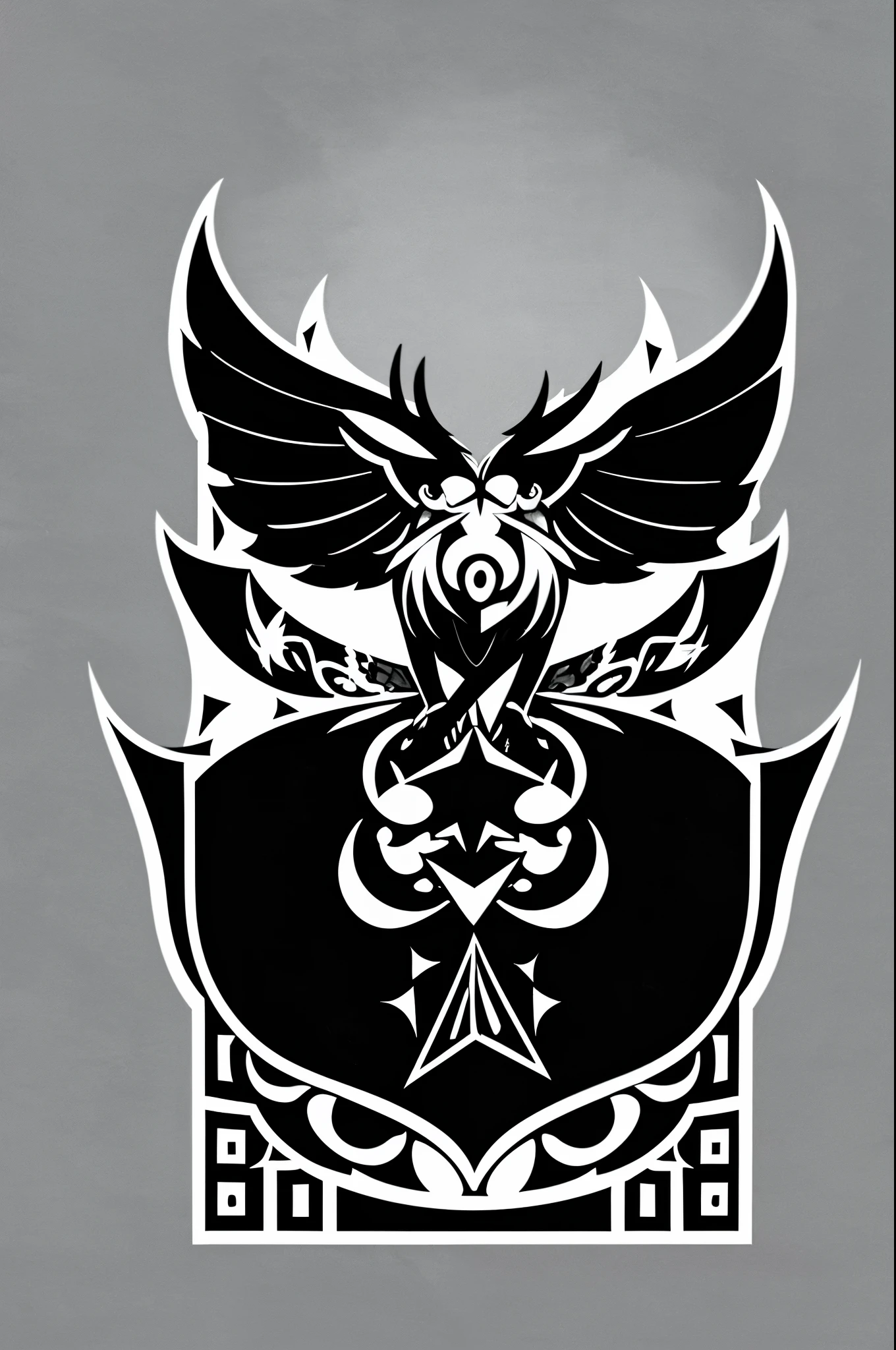 One BlazBlue style coat of arms about a birds, a bird eating the corpse of another bird, black and white, multiple parts, crest
