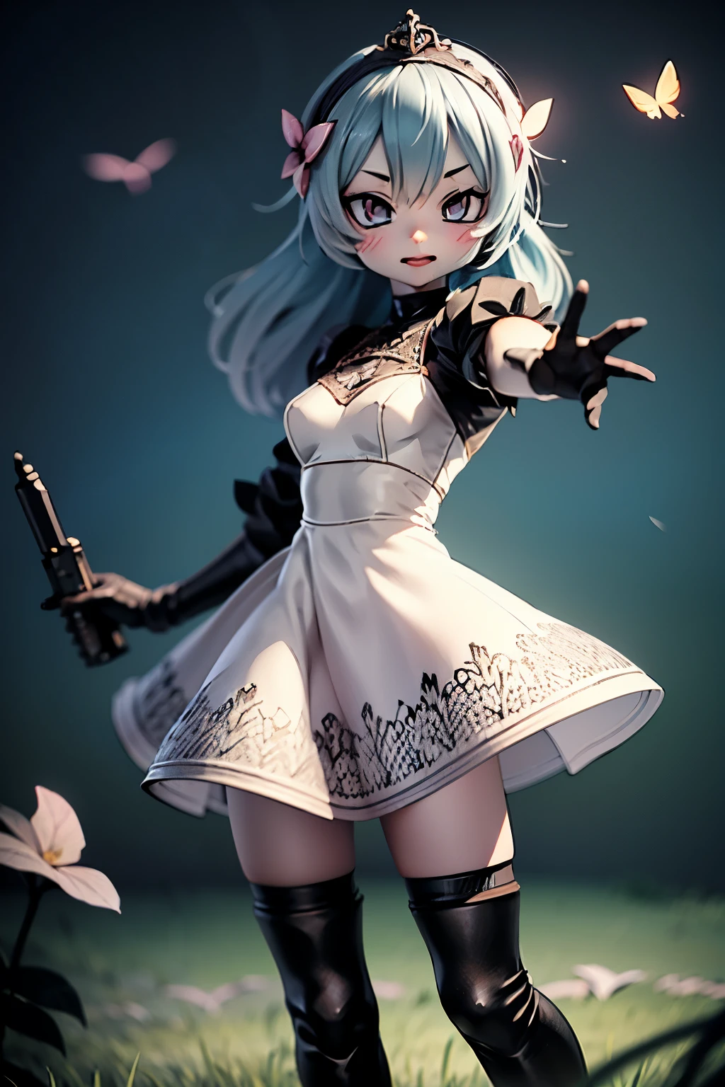 Octane Render、(Hyper-detailing: 1.15)、cinematic lightening、Cute Fantasy Princess、Handgun shooting practice、Fine Pattern Pistol,long boots、ultradetailed eyes、Full Paint、（Floral hair ornament、butterfly hair ornament）、masutepiece、Anatomically correct、blur、depth of fields