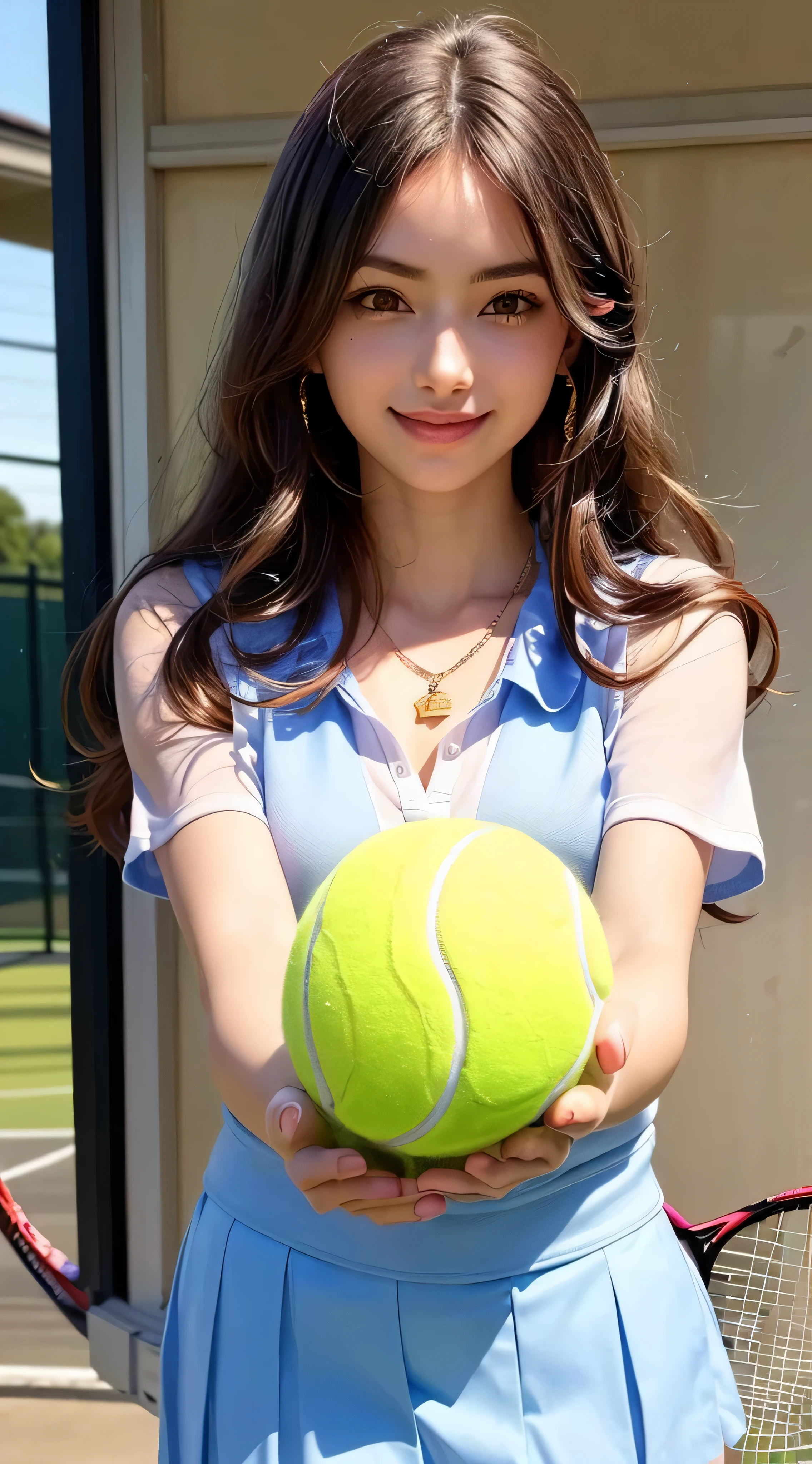 highest quality, masterpiece, ultra high resolution, (realistic:1.4), 20-year-old,1 girl,Super high quality,8k,thinウエスト,thin脚,thin and beautiful arms,beautiful fingers,Sare-eye makeup,thin,Medium chest,soft chest,on the tennis court,tennis racket,Wimbledon Centre Court,tennis ball,Stylish golf wear,mini skirt,((Ponytail and Hair Tie)),((Bangs short hair)),realistic,picture media chest)),((toothy smile)),((big smile))