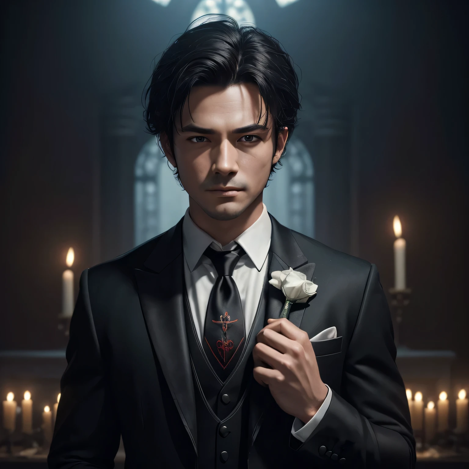 Masterpiece), best quality, highest quality, highly detailed CG unity 8k wallpaper, original, high resolution, (depth of field: 1.5), fidelity: 1.3, masculine, portrait style, boy facing left, altar background, black wedding suit, red wedding necktie, solo, black_hair, facing front 