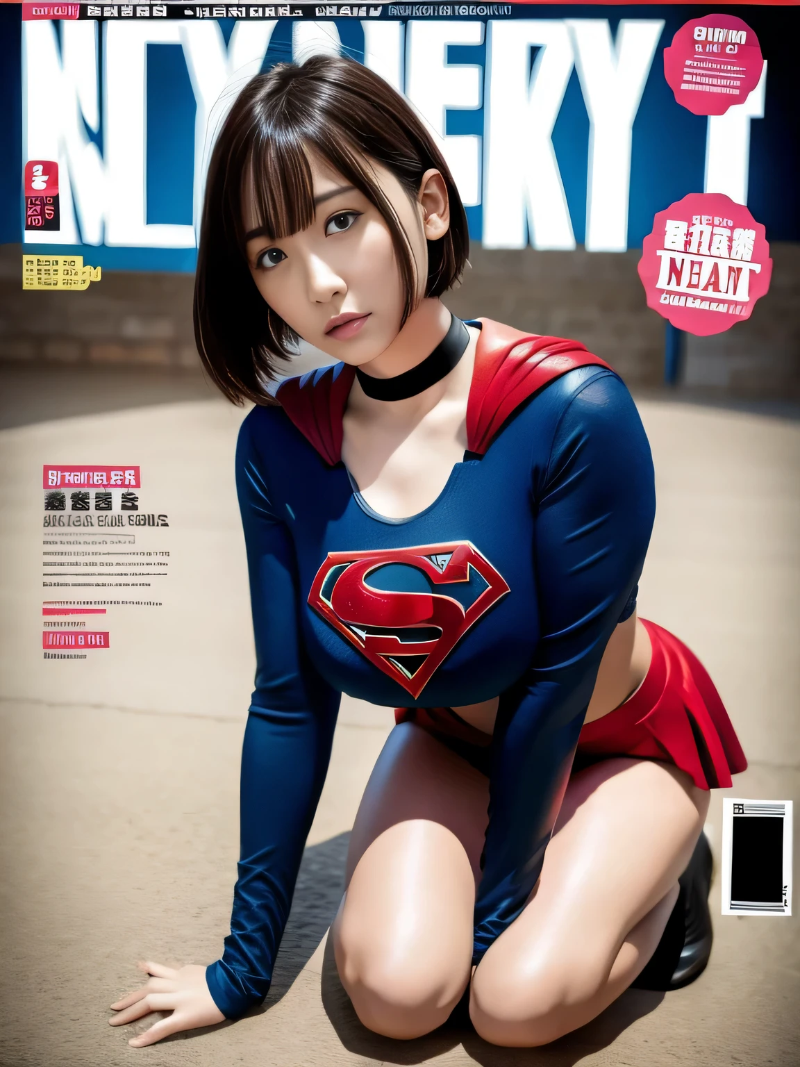 masterpiece、supergirl costume、short hair、enamel boots、big and full breasts、Crisis situation、Kneeling posture、model body shape、shiny、long sleeve、looking at camera、choker、red mini skirt、Weekly magazine cover、gravure magazine、sweaty、whole body、from right in front、flood、