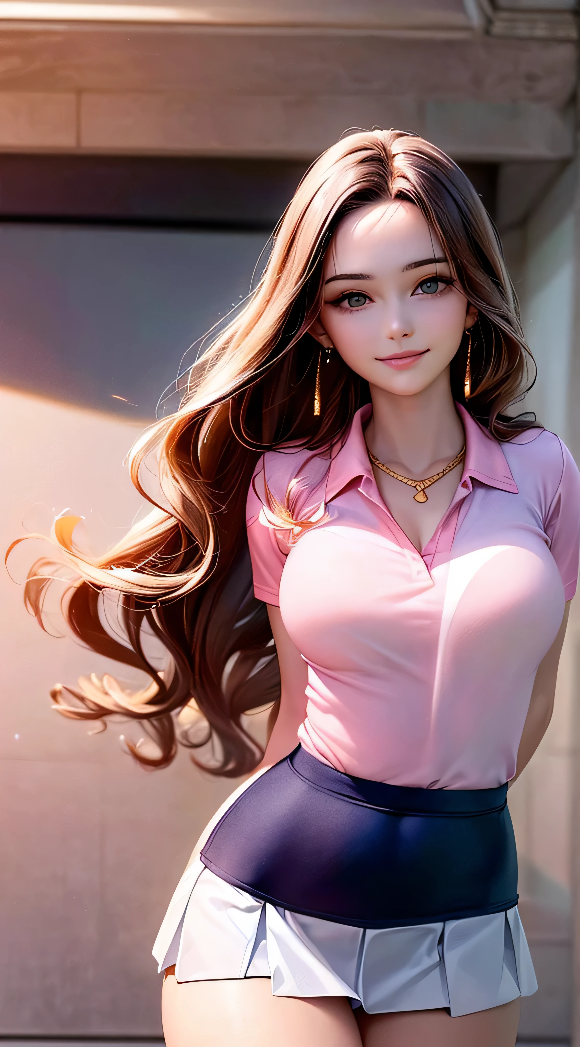 1 girl, very cute, wonderful face and eyes, (nice nice smile), (Highly detailed beautiful face), bright and glossy lips, please keep looking at me, super beautiful, (school uniform:1.3), (highest quality:1.4), (hyper quality), (Super detailed), (surreal, Photoreal:1.37), real skin texture, High resolution CG integrated 8k wallpapers, Raw photo, professional photos, cinematic lighting,((Super long brown hair:1.2))((Hair with loose waves on the inside:1.2)),((gold necklace＿Larger earrings:1.2)),((shy smile:1.3)),((pink tight polo shirt, white golf uniform skirt, no underwear, white sneakers:1.3))  