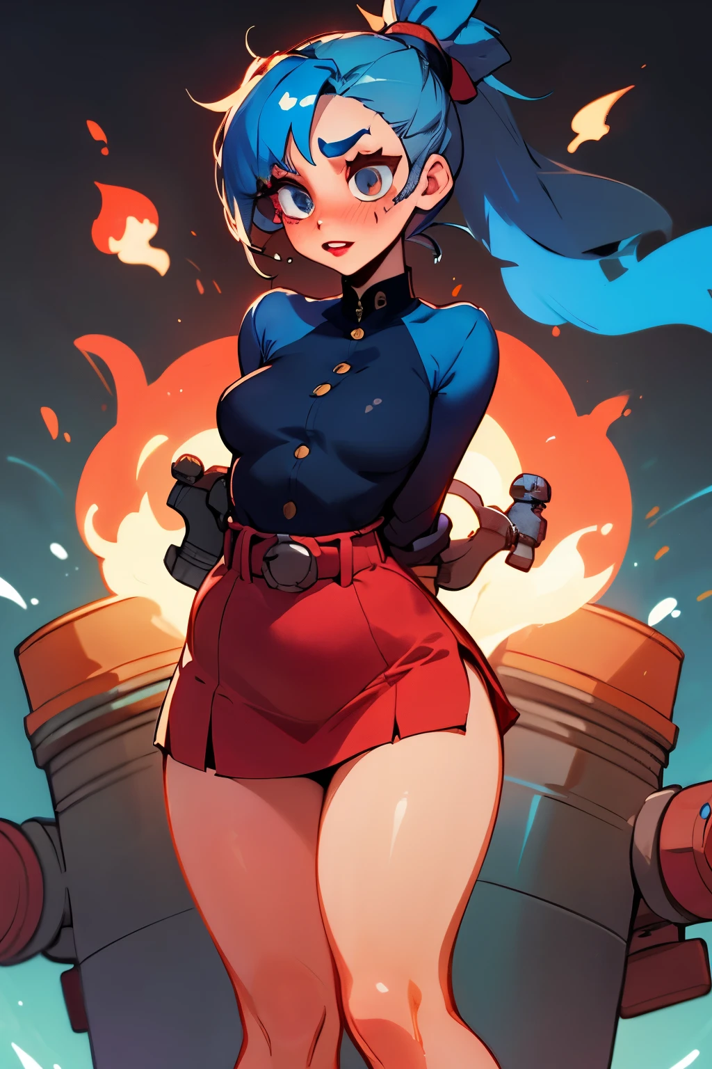 Navy blue work style dress, slender girl, blue hair ponytail, eye shadow, red lipstick, checking the gas meter, short skirt, plump, waist, tight clothes, blushing, embarrassed, facing towards me, hands behind her back,