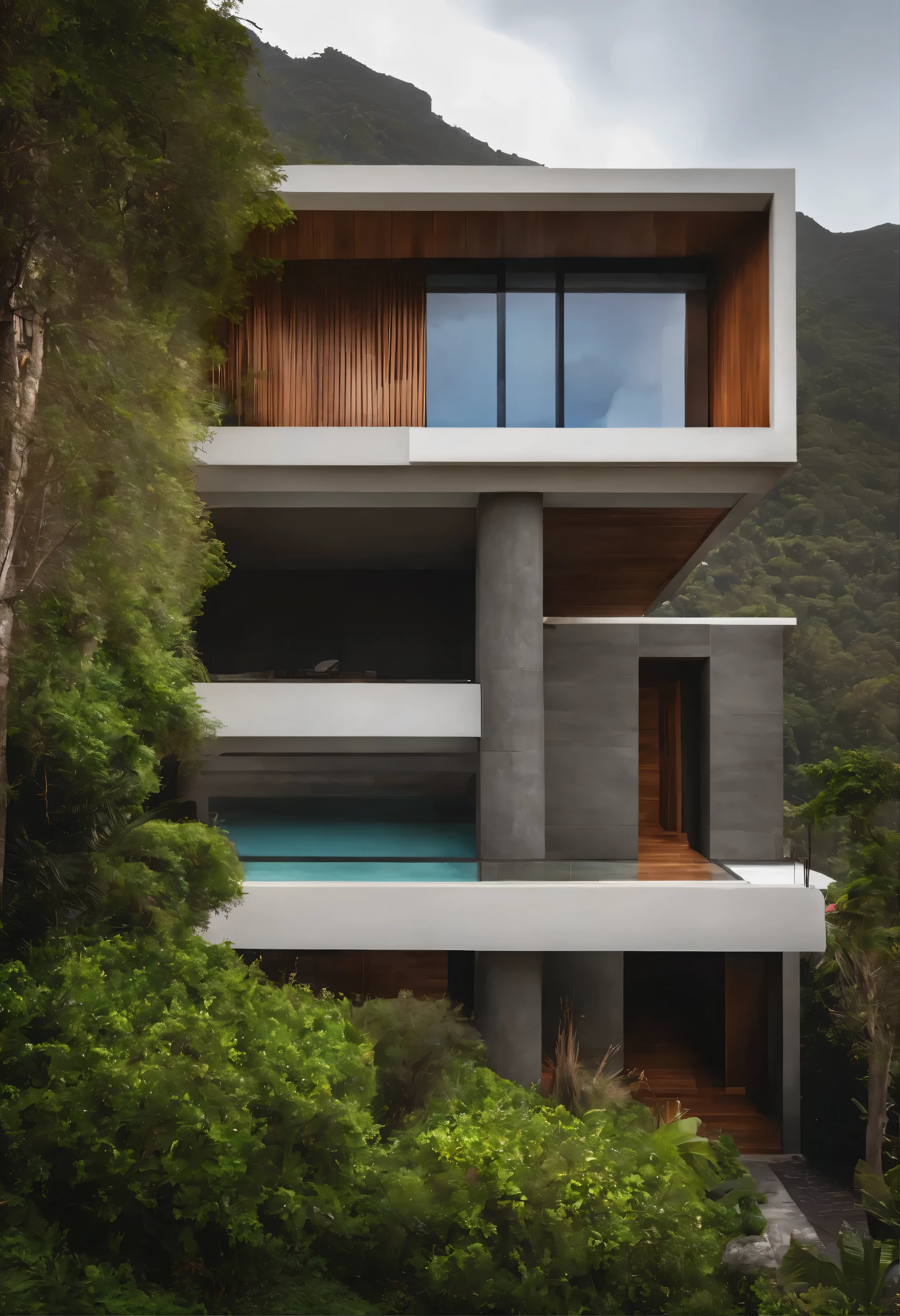 Fachada residencial, concreto , madeira e pedra moledo