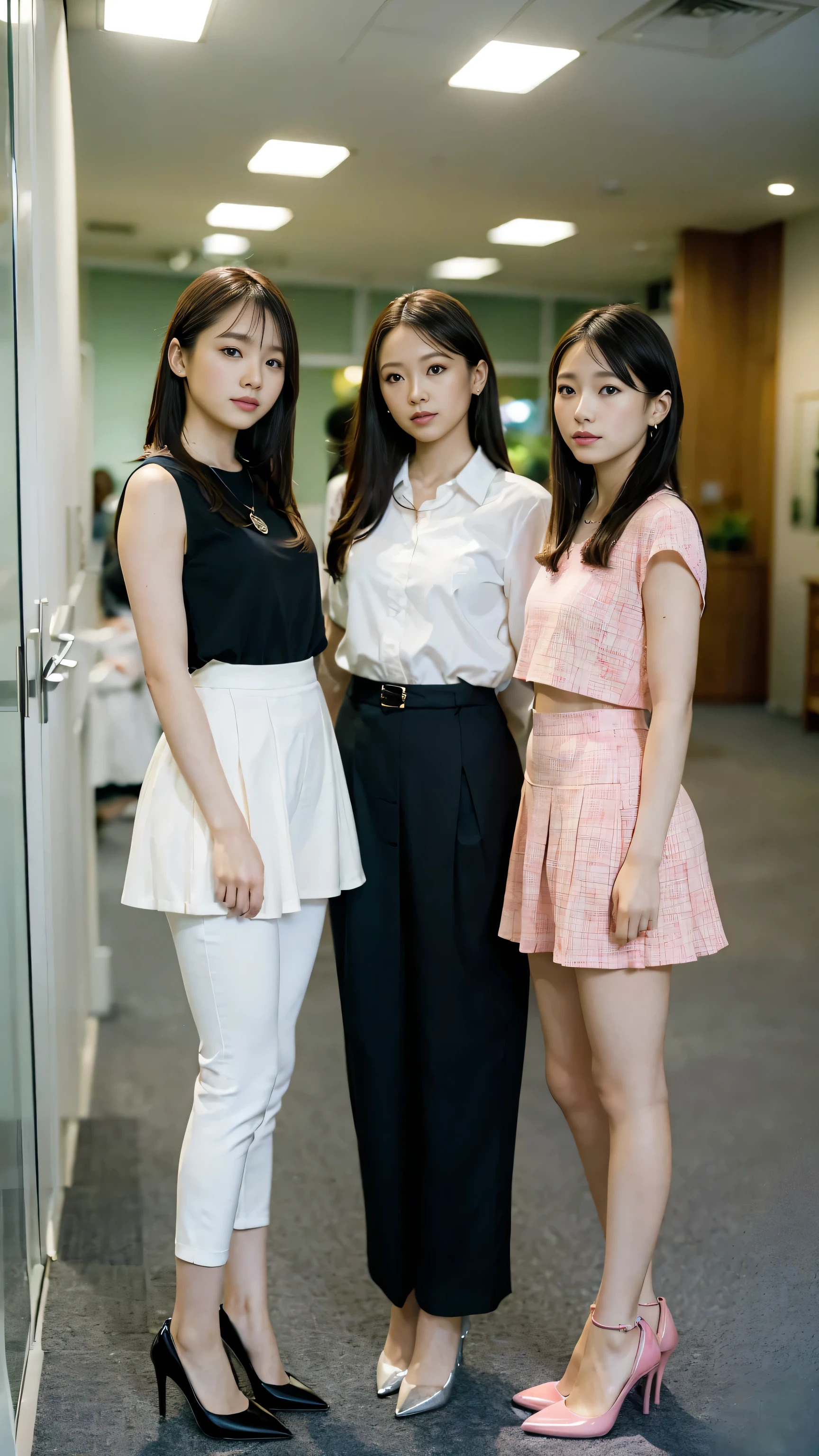 (highest quality, masterpiece, realistic, Super detailed, ultra high resolution, to be born:1.3), (3 girls:1.5), beautiful, Japanese, mature, 28yo, office workers, (tight knit, short skirt、I can see your pants), ({money| Silver| wine-red| navy| pink| yellow green| violet| sky blue} Clothes), (smile), (bangs), high waist, necklace, (office, indoor, glass room), (long legs, high heels, full body:1.2), (Medium chest:1.3), (crowd)