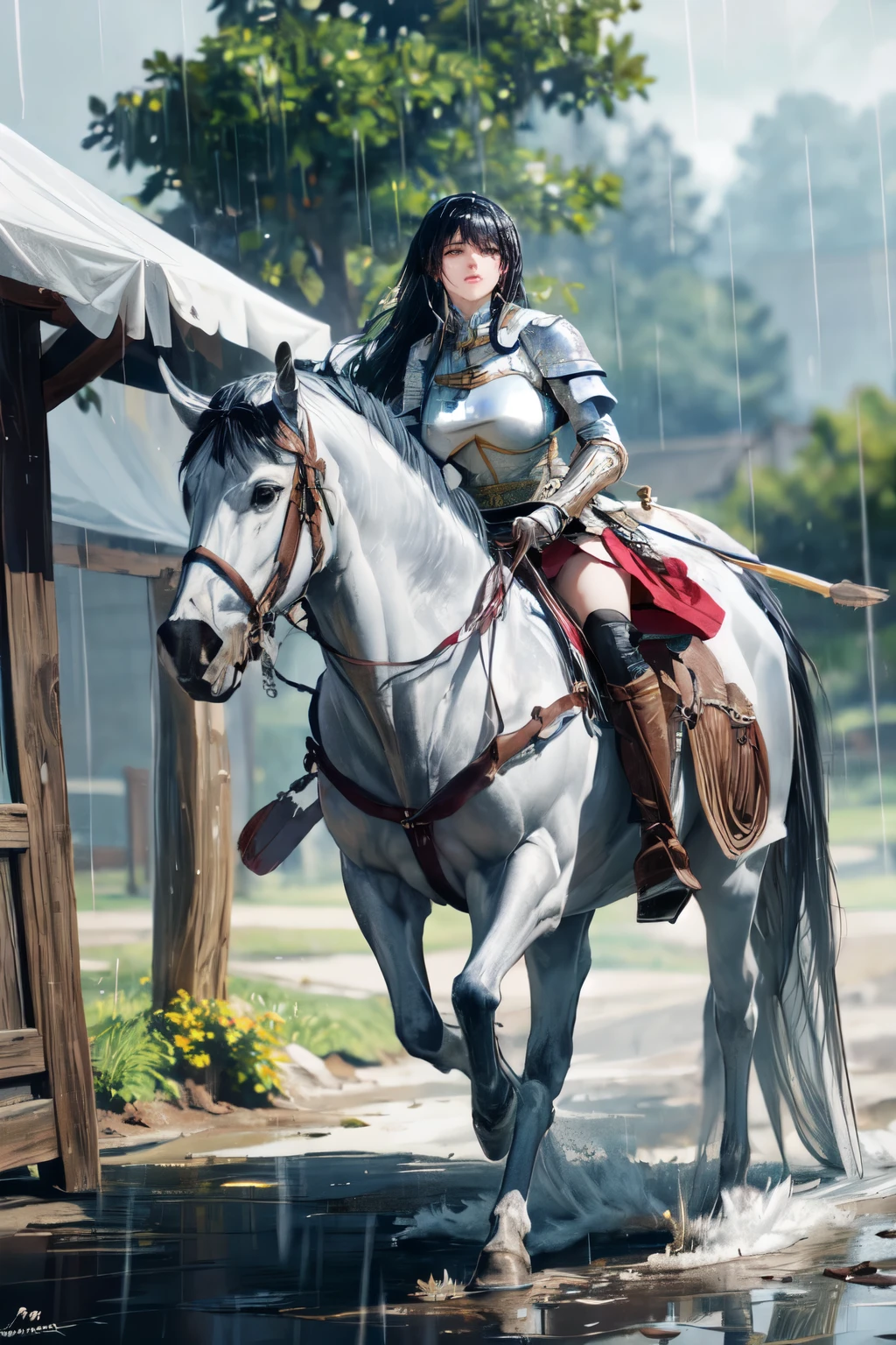 8k, realistic, vivid colors, ((best quality)), ((masterpiece)), (detailed), anime style, large breast, perfect face, long hair, {black hair}, horseback riding, black horse, (saddle, stir ups, rein), running: 1.2, 20 years old, female knight, (white armor, white gauntlet, red miniskirt, white armored boots), outdoor, ((raining)), muddy landscape, wet body, fantasy settings, ruins, medieval settings, anatomically correct