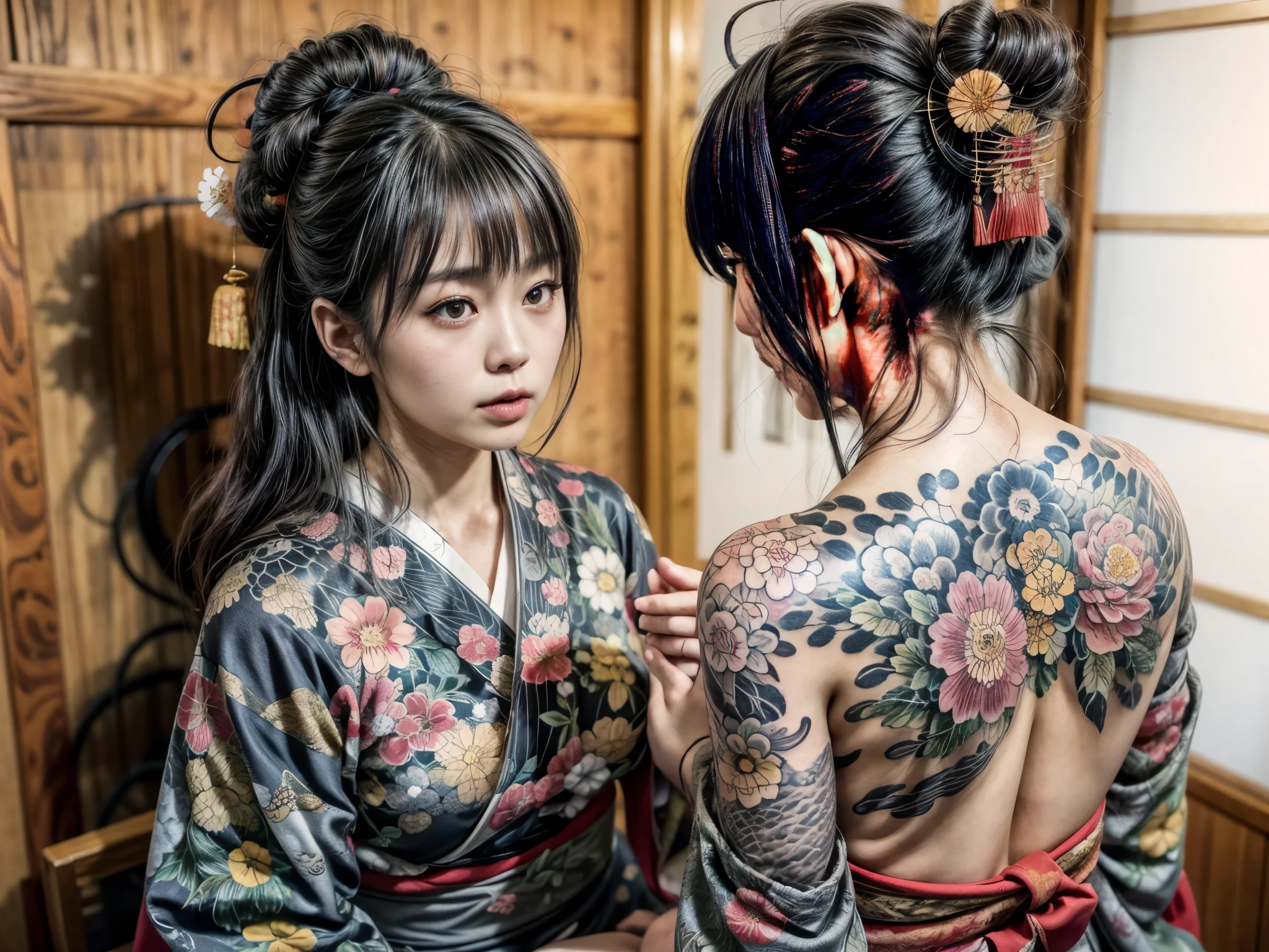 A portrait of (2 japanese women:1.5) with (red and gold floral kimono), that is hanging down (exposed (irezumi tattoo:1.3) on  their back), traditional buns hair with hair accessories, sitting with bend-legged, photon mapping, dynamic lighting, in the morning, vibrant color tones, she is beautiful with grayish eyes, skinice soft face, red hair, slim fit body, firm and plump breast, soft and smooth skin, slender posture, angel looks