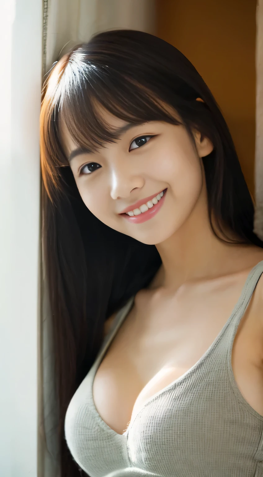 masterpiece,best quality,(Japanese ),((Beautiful girl)),cleavage,indoor,(perfect body beauty:1.2),(shy smile),beautiful teeth,