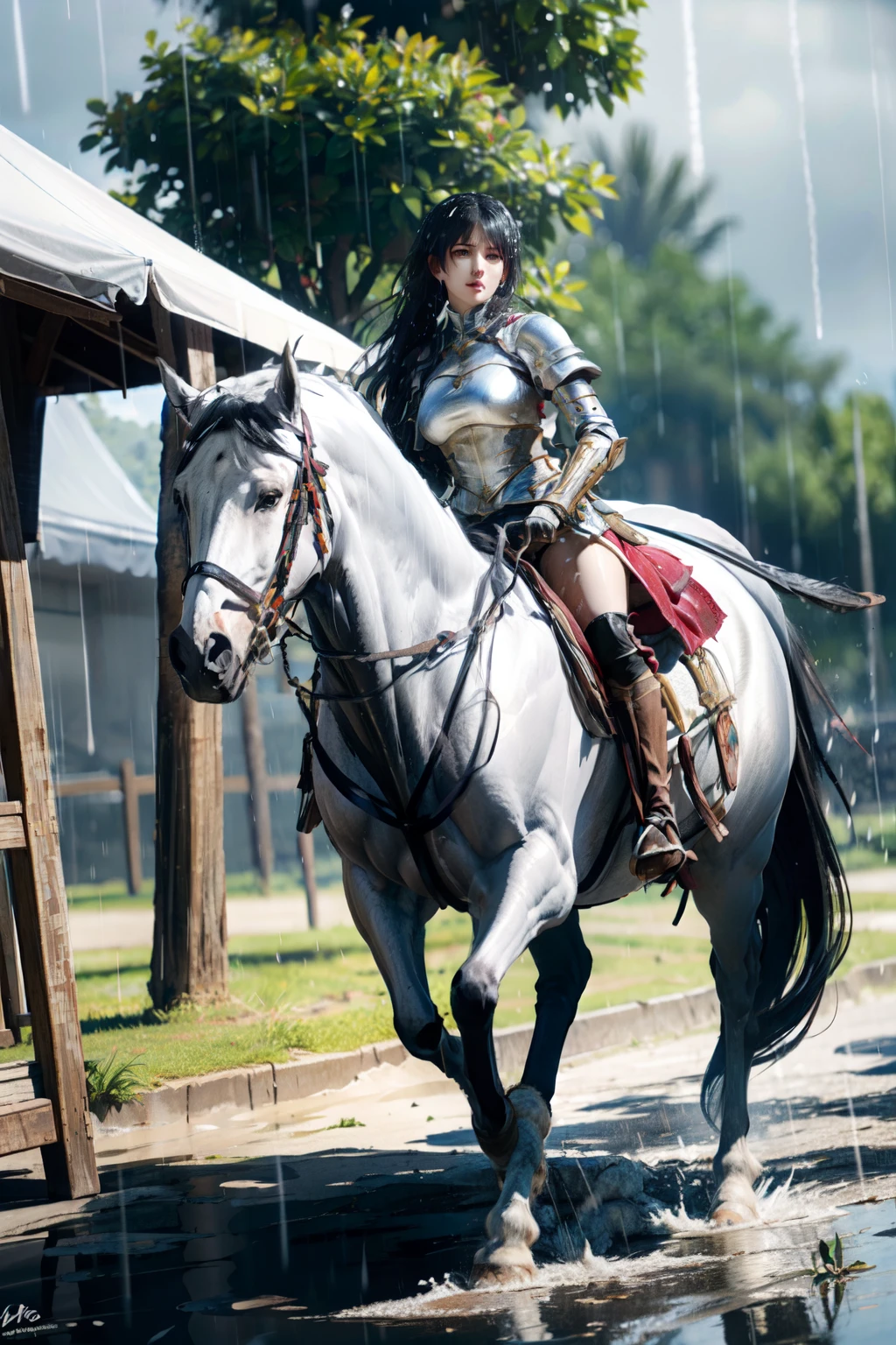 8k, realistic, vivid colors, ((best quality)), ((masterpiece)), (detailed), anime style, large breast, perfect face, long hair, {black hair}, BREAK, horseback riding(black horse: 1.2), saddle, stir ups, rein), running: 1.2, 20 years old, female knight, (white armor, white gauntlet, red miniskirt, white armored boots), outdoor, ((raining)), muddy landscape, wet body, fantasy settings, ruins, medieval settings, anatomically correct