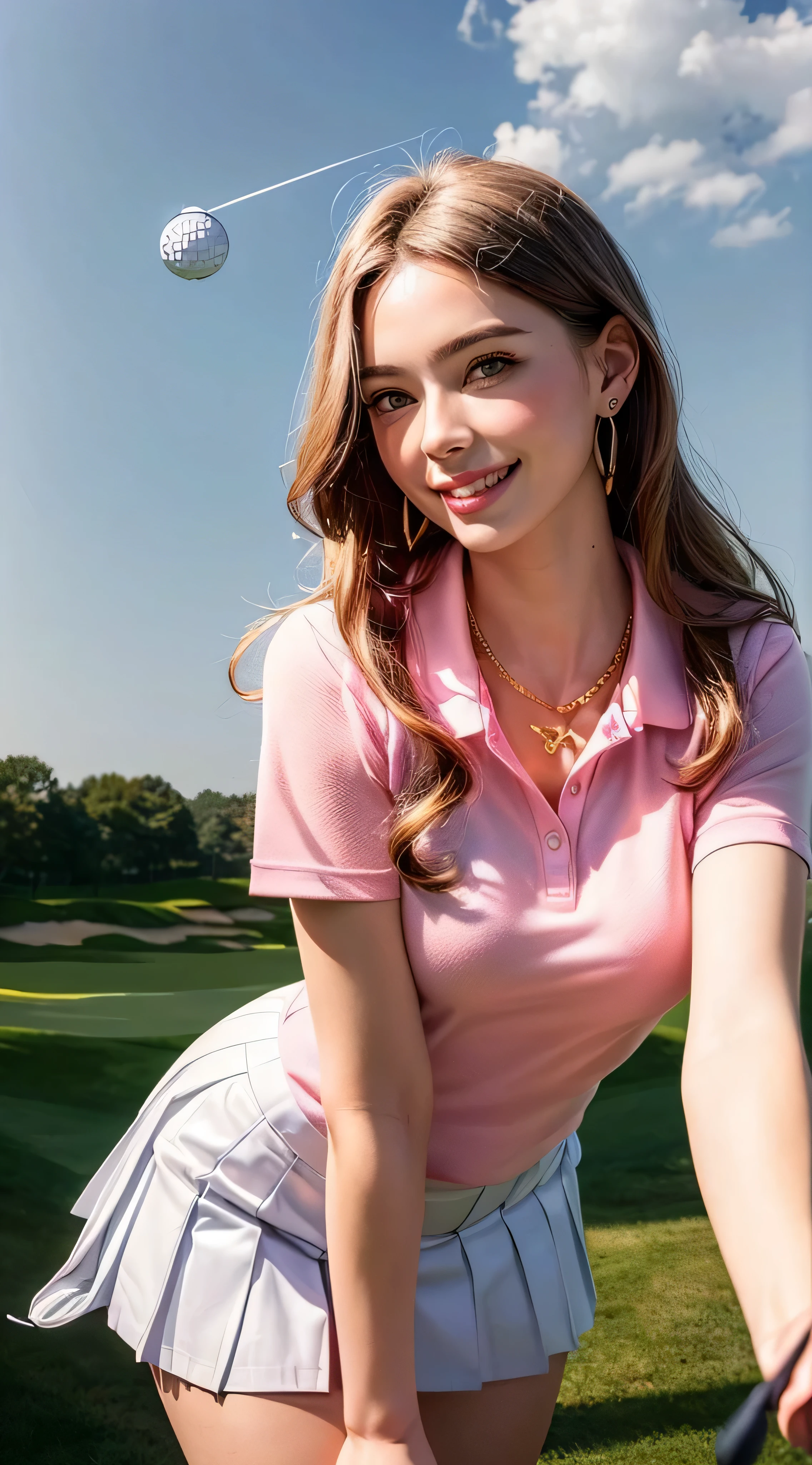 1 girl, very cute, wonderful face and eyes, (nice nice smile), (Highly detailed beautiful face), bright and glossy lips, please keep looking at me, super beautiful, (school uniform:1.3), (highest quality:1.4), (hyper quality), (Super detailed), (surreal, Photoreal:1.37), real skin texture, High resolution CG integrated 8k wallpapers, Raw photo, professional photos, cinematic lighting,((Super long brown hair:1.2))((Hair with loose waves on the inside:1.2)),((gold necklace_Larger earrings:1.2)),((shy smile:1.3)),((pink tight polo shirt, white golf uniform skirt, no underwear, white sneakers:1.3))